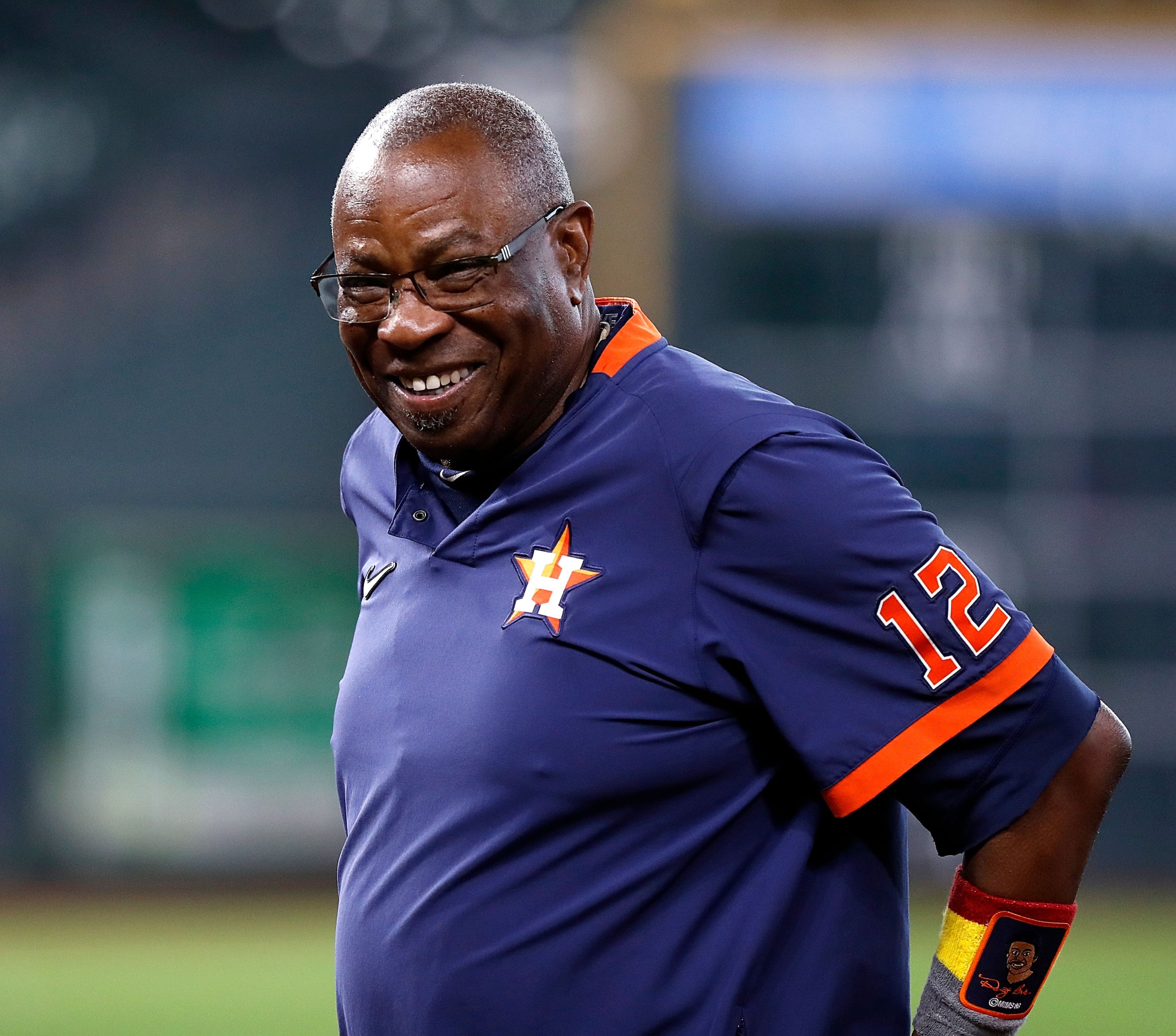 HOUSTON, TEXAS - OCTOBER 01: Manager Dusty Baker Jr. #12 of the Houston Astros before a game against the Oakland Athletics at Minute Maid Park on October 01, 2021 in Houston, Texas. (Photo by Bob Levey/Getty Images)