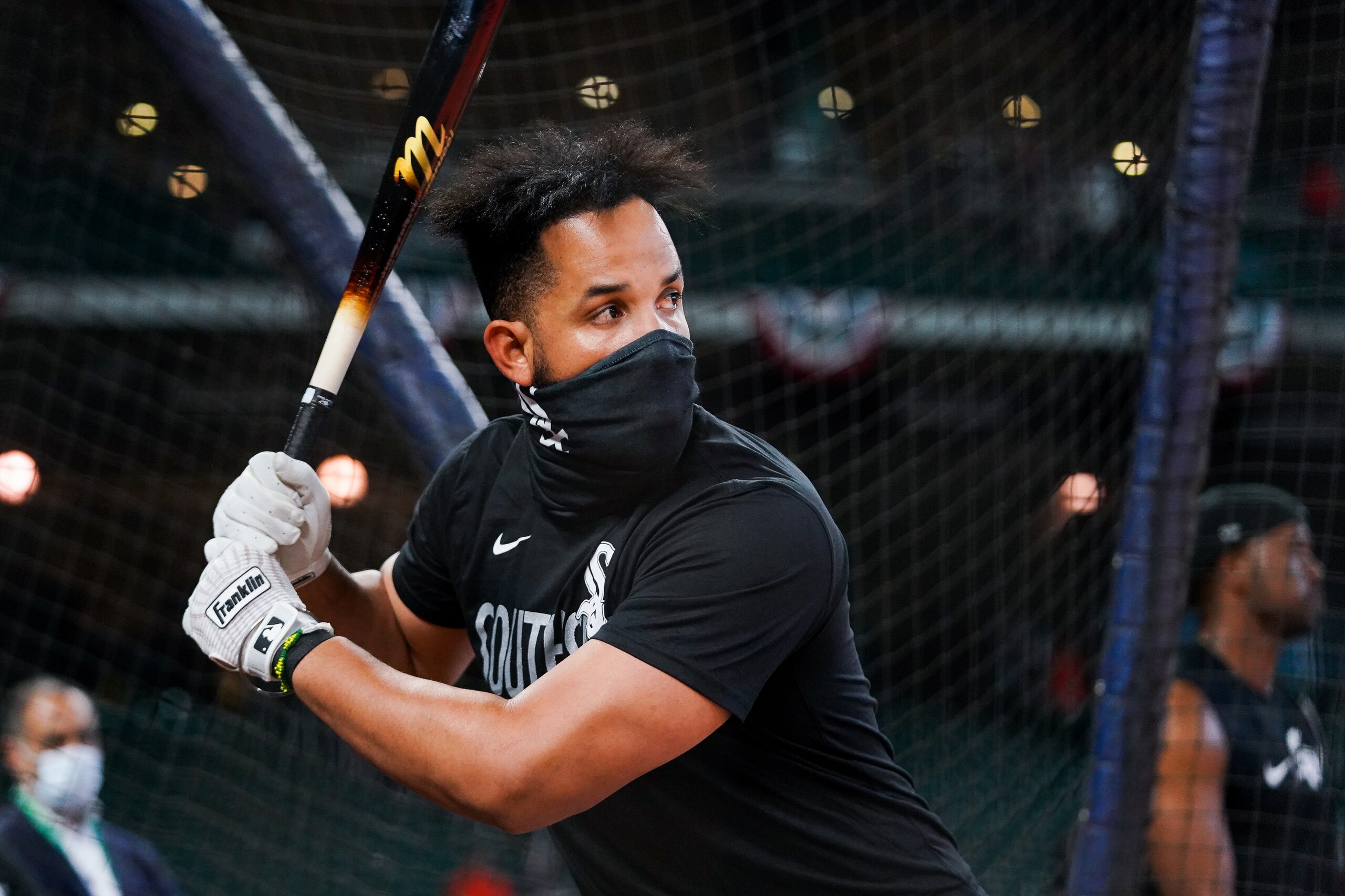 HOUSTON, TX - OCTOBER 07: Jose Abreu #79 of the Chicago White Sox hits during batting practice prior to Game 1 of the ALDS between the Chicago White Sox and the Houston Astros at Minute Maid Park on Thursday, October 7, 2021 in Houston, Texas. (Photo by Cooper Neill/MLB Photos via Getty Images)