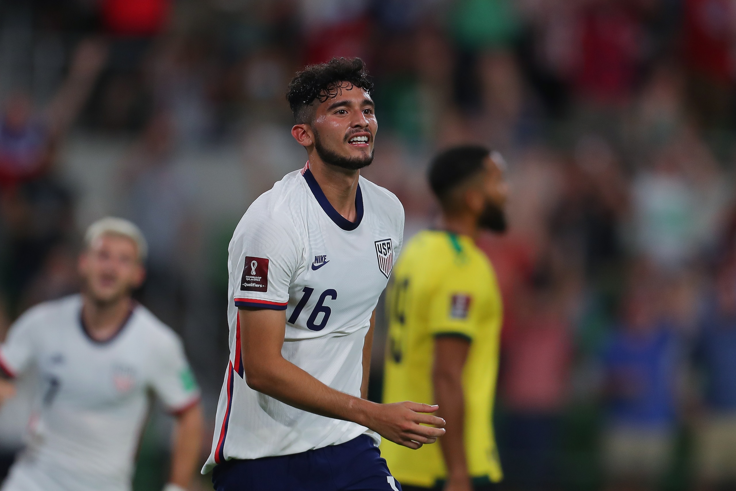 AUSTIN, TX - OCTOBER 07: Ricardo Pepi #14 of United States celebrates after scoring the second goal during the FIFA World Cup Qatar 2022 qualifiers match against Jamaica at Q2 Stadium on October 7, 2021 in Austin, Texas. (Photo by Omar Vega/Getty Images)