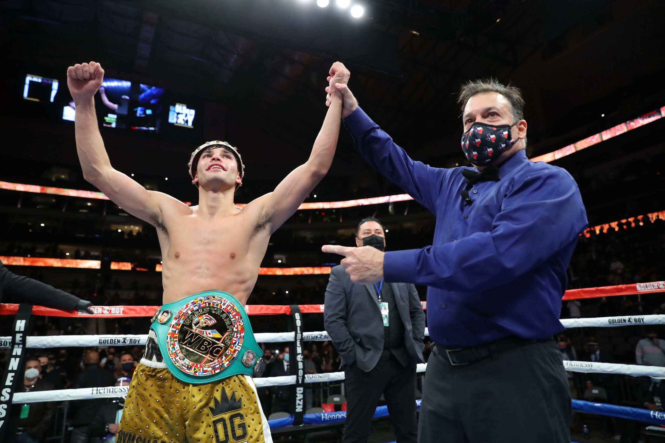 DALLAS, TEXAS - JANUARY 02: Ryan Garcia celebrates his victory against Luke Campbell at American Airlines Center on January 02, 2021 in Dallas, Texas. (Photo by Tom Hogan/Golden Boy Promotions via Getty Images)