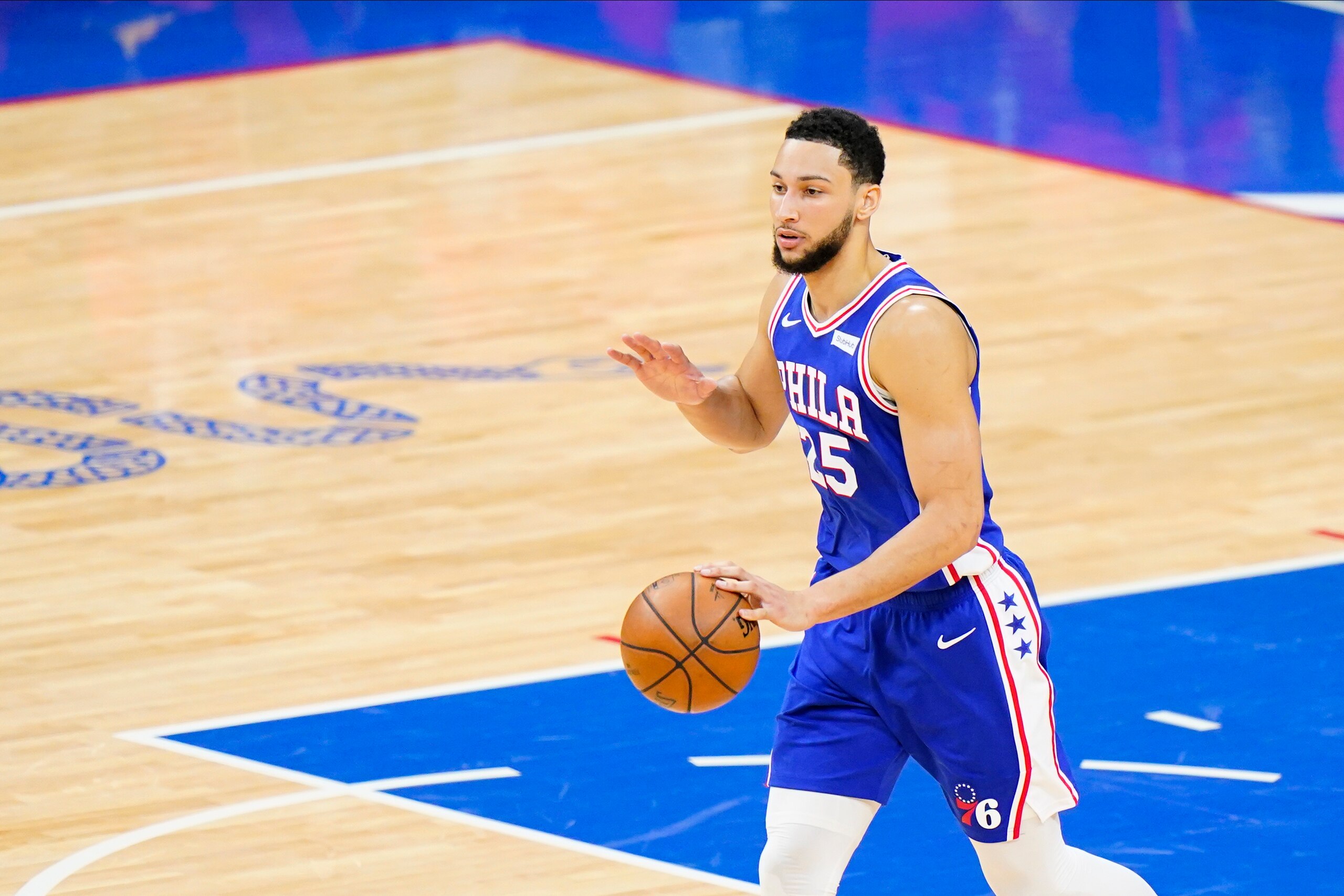 Philadelphia 76ers' Ben Simmons plays during Game 2 in a second-round NBA basketball playoff series against the Atlanta Hawks, Tuesday, June 8, 2021, in Philadelphia. (AP Photo/Matt Slocum)