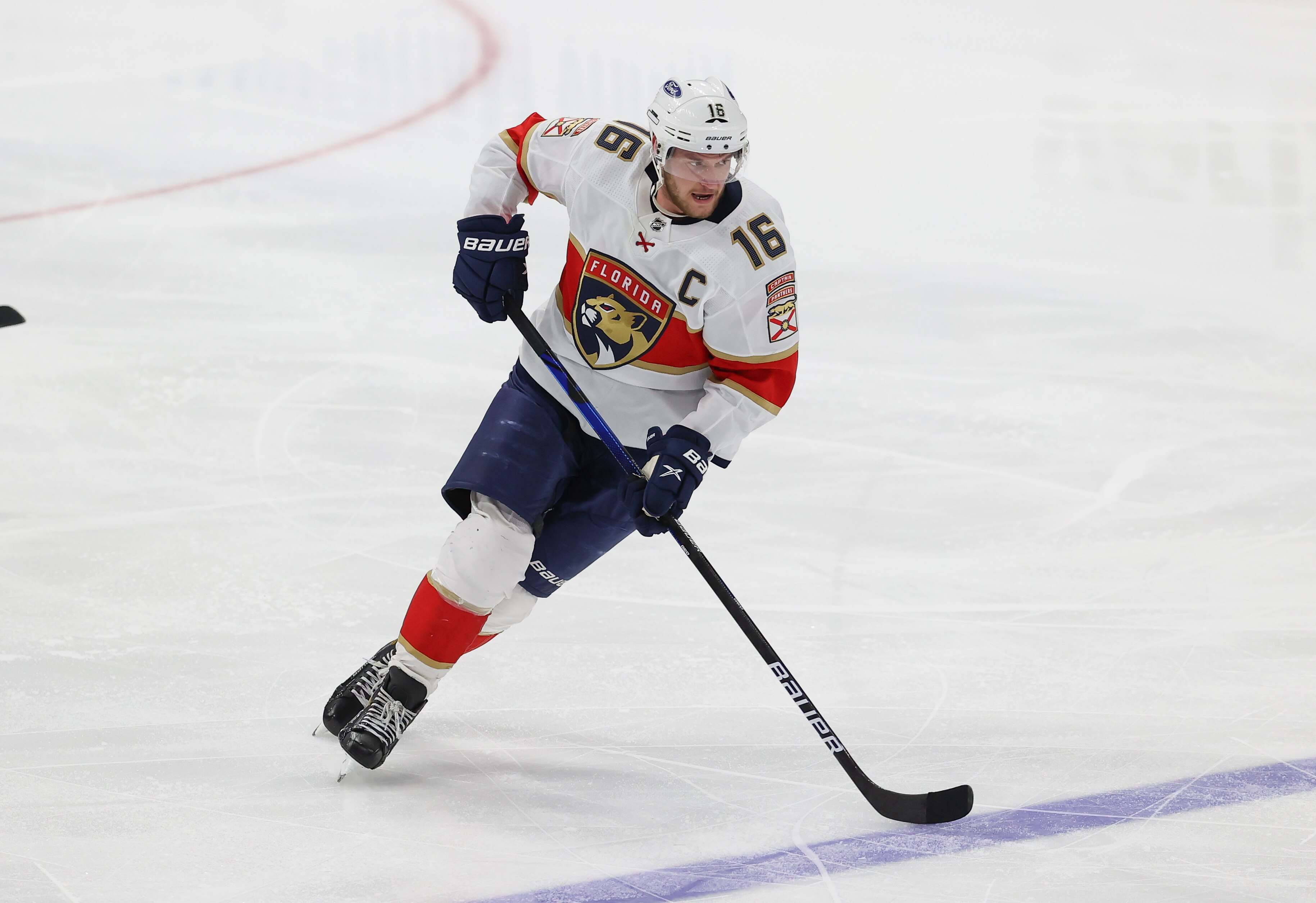 TAMPA, FL - MAY 26: Florida Panthers center Aleksander Barkov (16) skates with the puck during Game 6 of the First Round of the NHL Play-offs between the Florida Panthers and Tampa Bay Lightning on May 26, 2021 at Amalie Arena in Tampa, FL. (Photo by Mark LoMoglio/Icon Sportswire via Getty Images)