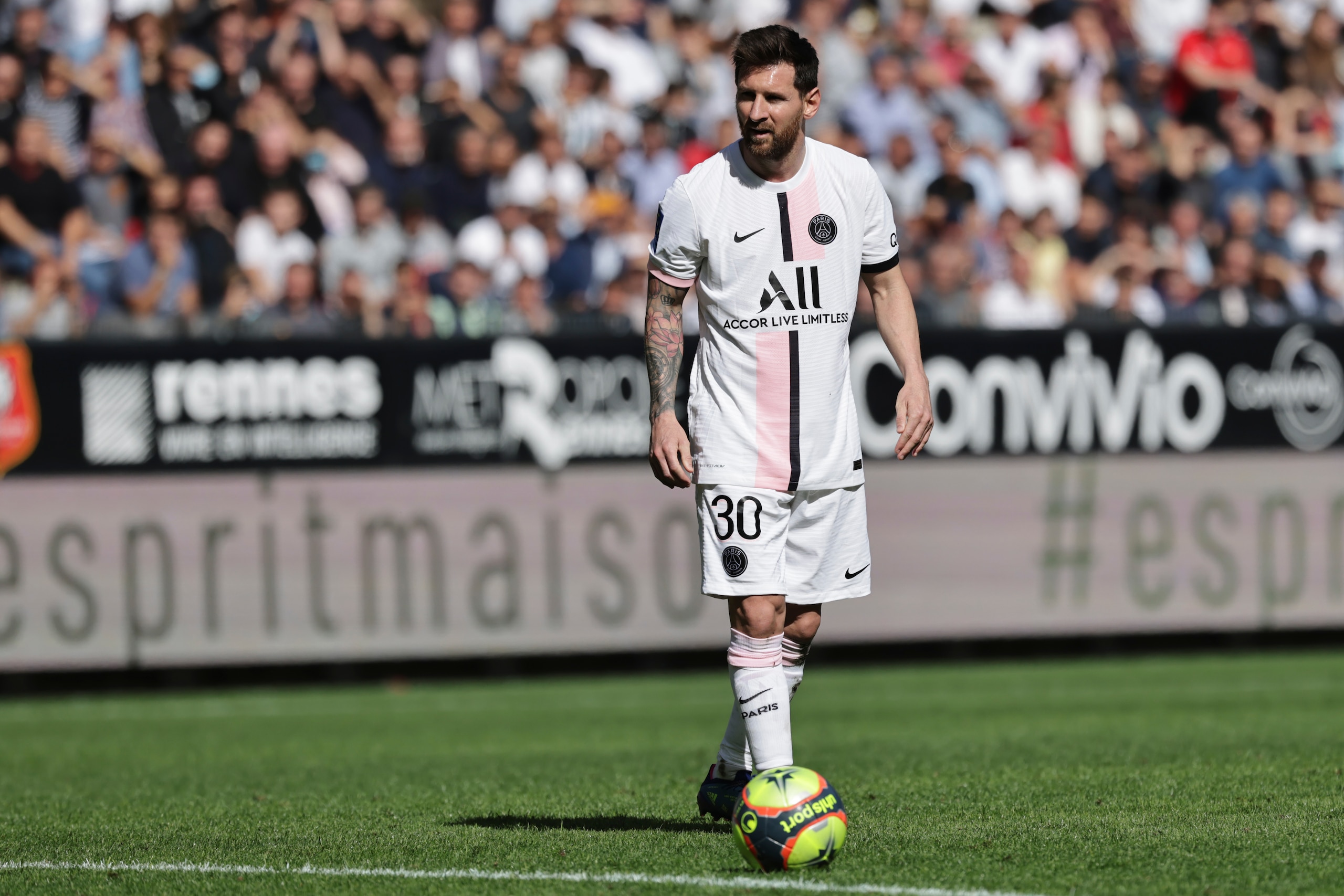 PSG's Lionel Messi reacts during the French League One soccer match between Rennes and Paris Saint-Germain at the Roazhon Park stadium in Rennes, France, Sunday, Oct. 3, 2021. (AP Photo/Jeremias Gonzales) PSG's Lionel Messi reacts during the French League One soccer match between Rennes and Paris Saint-Germain at the Roazhon Park stadium in Rennes, France, Sunday, Oct. 3, 2021. (AP Photo/Jeremias Gonzales)
