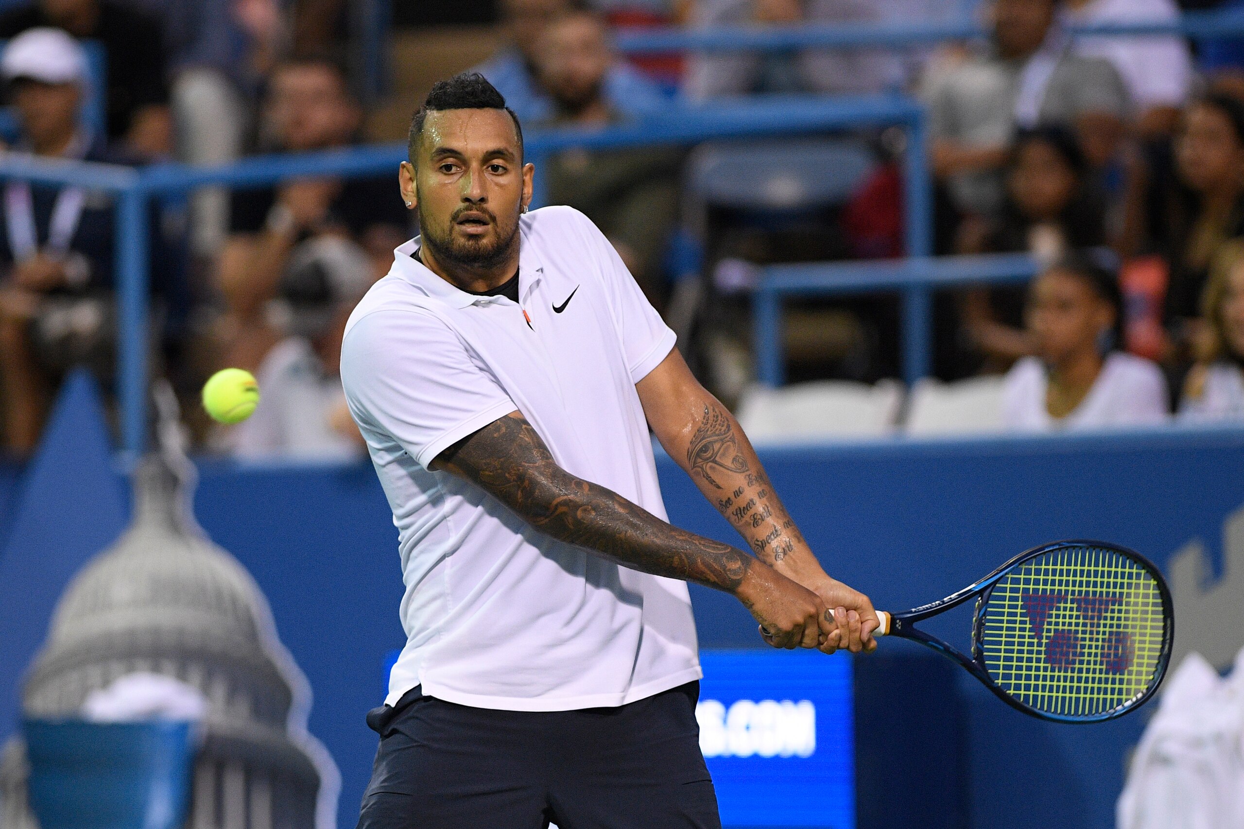Nick Kyrgios, of Australia, competes against Mackenzie McDonald during a match in the Citi Open tennis tournament, Tuesday, Aug. 3, 2021, in Washington. McDonald won 6-4, 6-4. (AP Photo/Nick Wass)