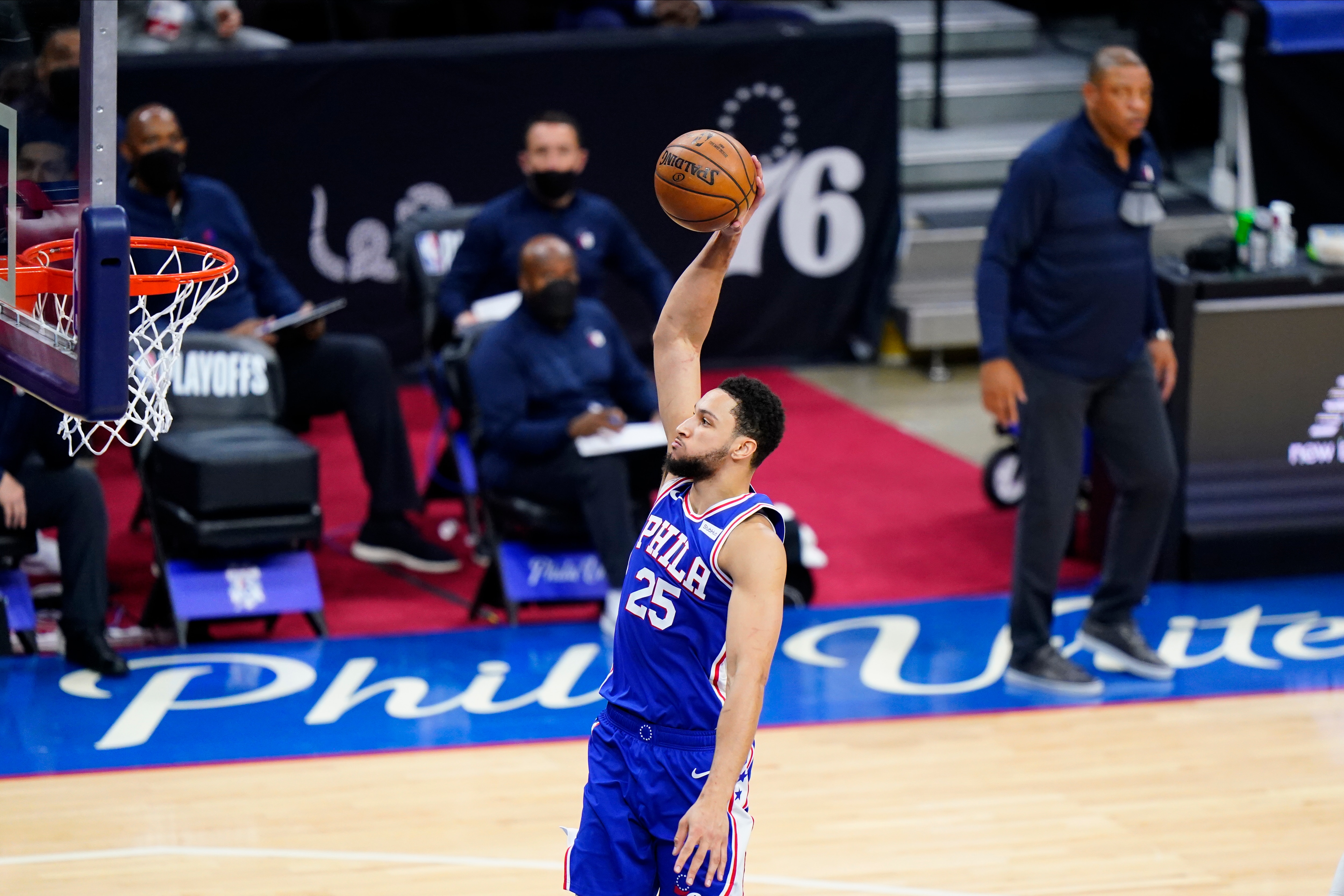 Philadelphia 76ers' Ben Simmons plays during Game 5 in a second-round NBA basketball playoff series against the Atlanta Hawks, Wednesday, June 16, 2021, in Philadelphia. (AP Photo/Matt Slocum)