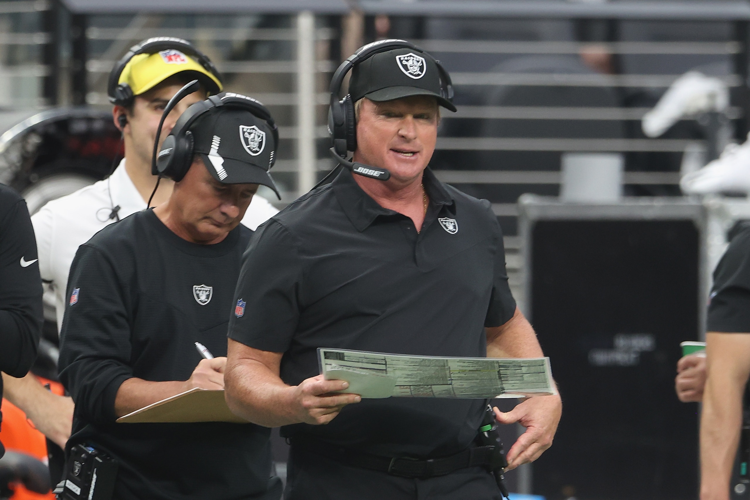 LAS VEGAS, NEVADA - SEPTEMBER 26: Head coach Jon Gruden of the Las Vegas Raiders during the NFL game at Allegiant Stadium on September 26, 2021 in Las Vegas, Nevada. The Raiders defeated the Dolphins 31-28 in overtime.  (Photo by Christian Petersen/Getty Images)