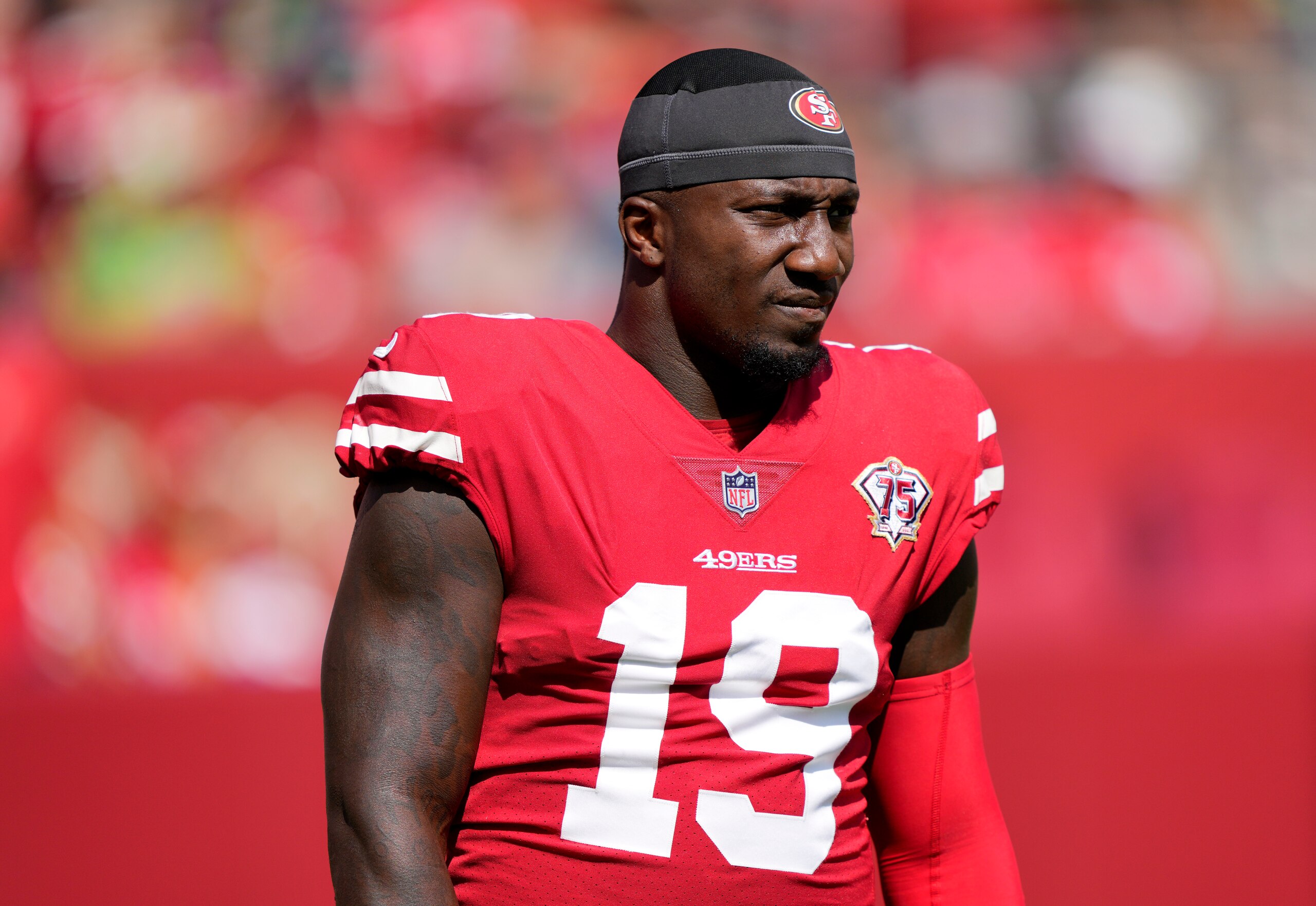 SANTA CLARA, CALIFORNIA - OCTOBER 03: Deebo Samuel #19 of the San Francisco 49ers on the field before the game against the Seattle Seahawks at Levi's Stadium on October 03, 2021 in Santa Clara, California. (Photo by Thearon W. Henderson/Getty Images)