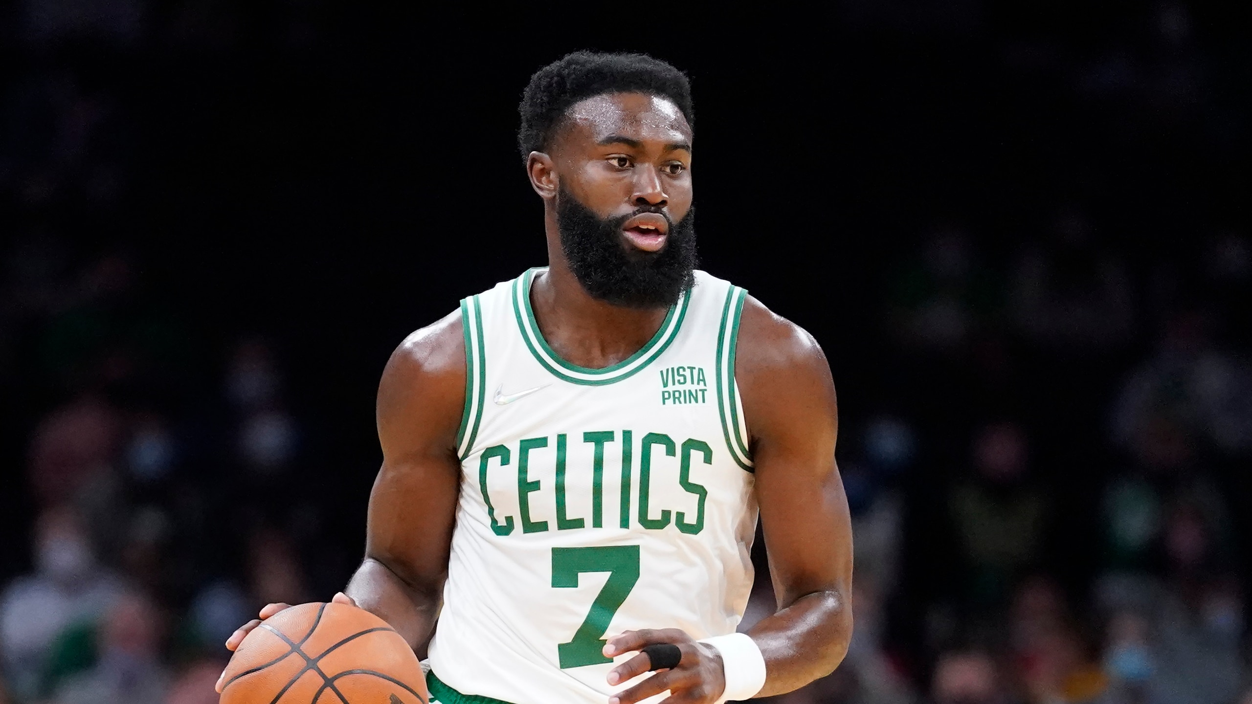 Boston Celtics guard Jaylen Brown (7) during the second half of an NBA preseason basketball game, Monday, Oct. 4, 2021, in Boston. (AP Photo/Charles Krupa)