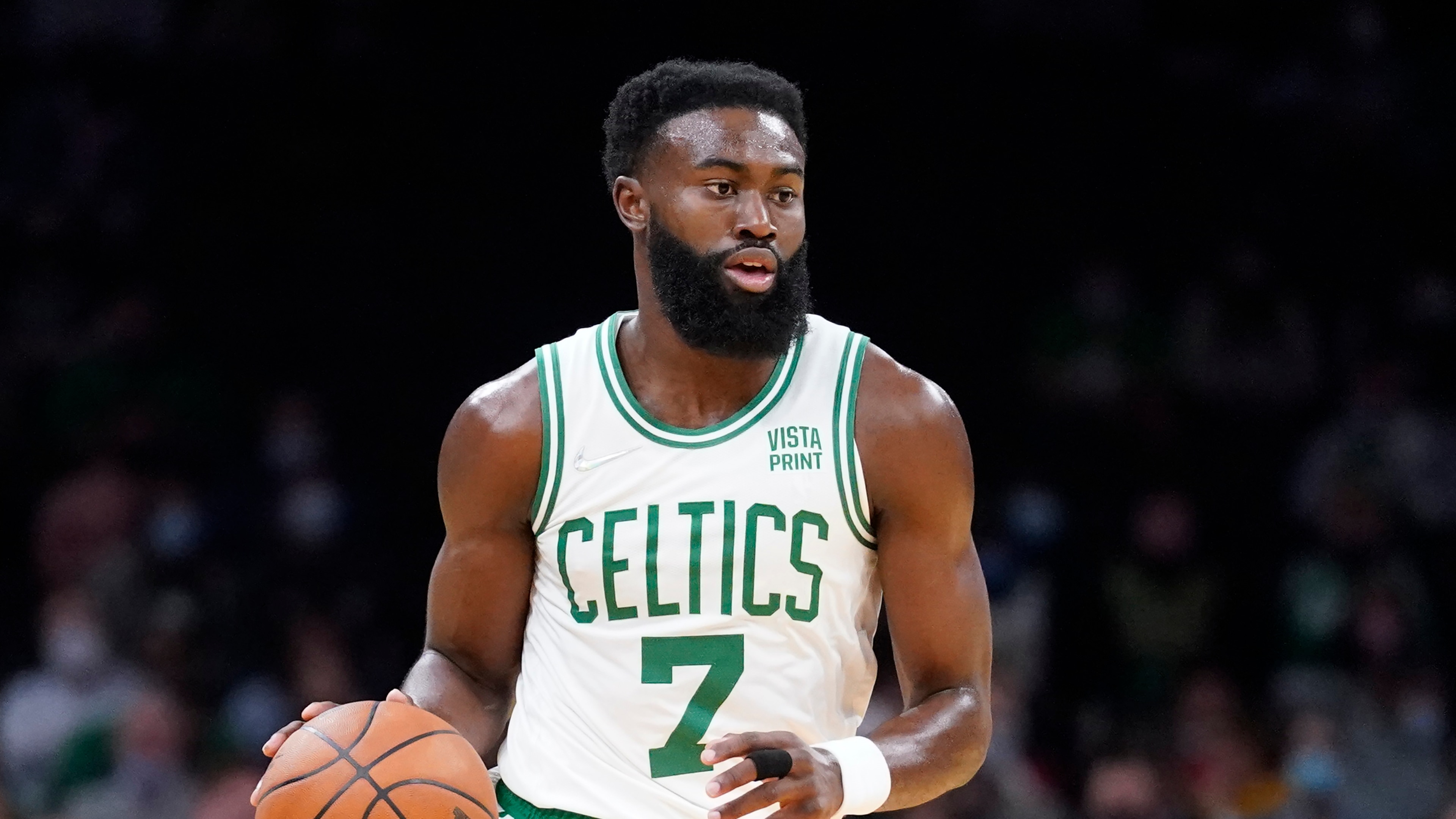 Boston Celtics guard Jaylen Brown (7) during the second half of an NBA preseason basketball game, Monday, Oct. 4, 2021, in Boston. (AP Photo/Charles Krupa)