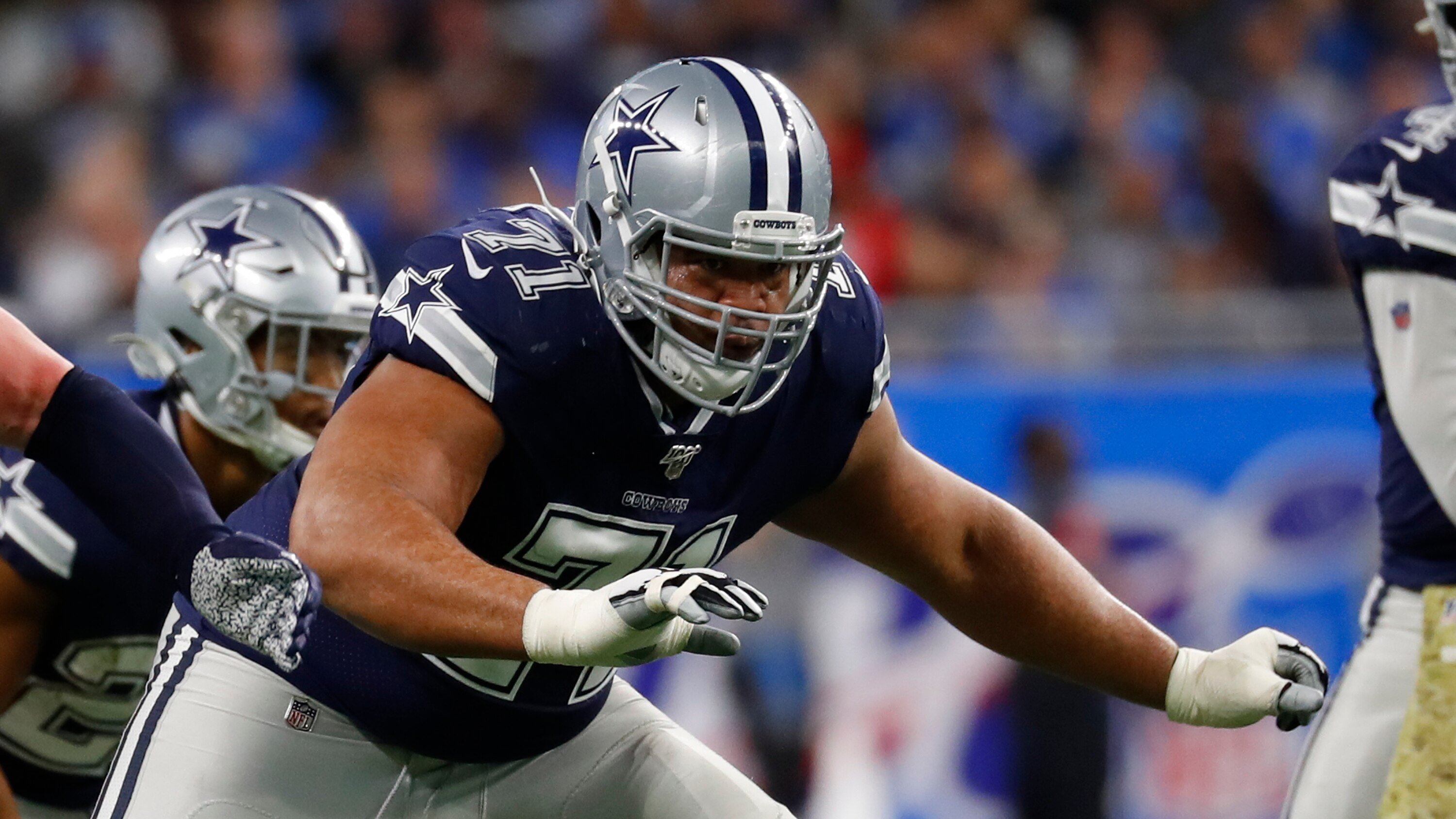 Dallas Cowboys offensive tackle La'el Collins (71) blocks against the Detroit Lions during an NFL football game in Detroit, Sunday, Nov. 17, 2019. (AP Photo/Paul Sancya)