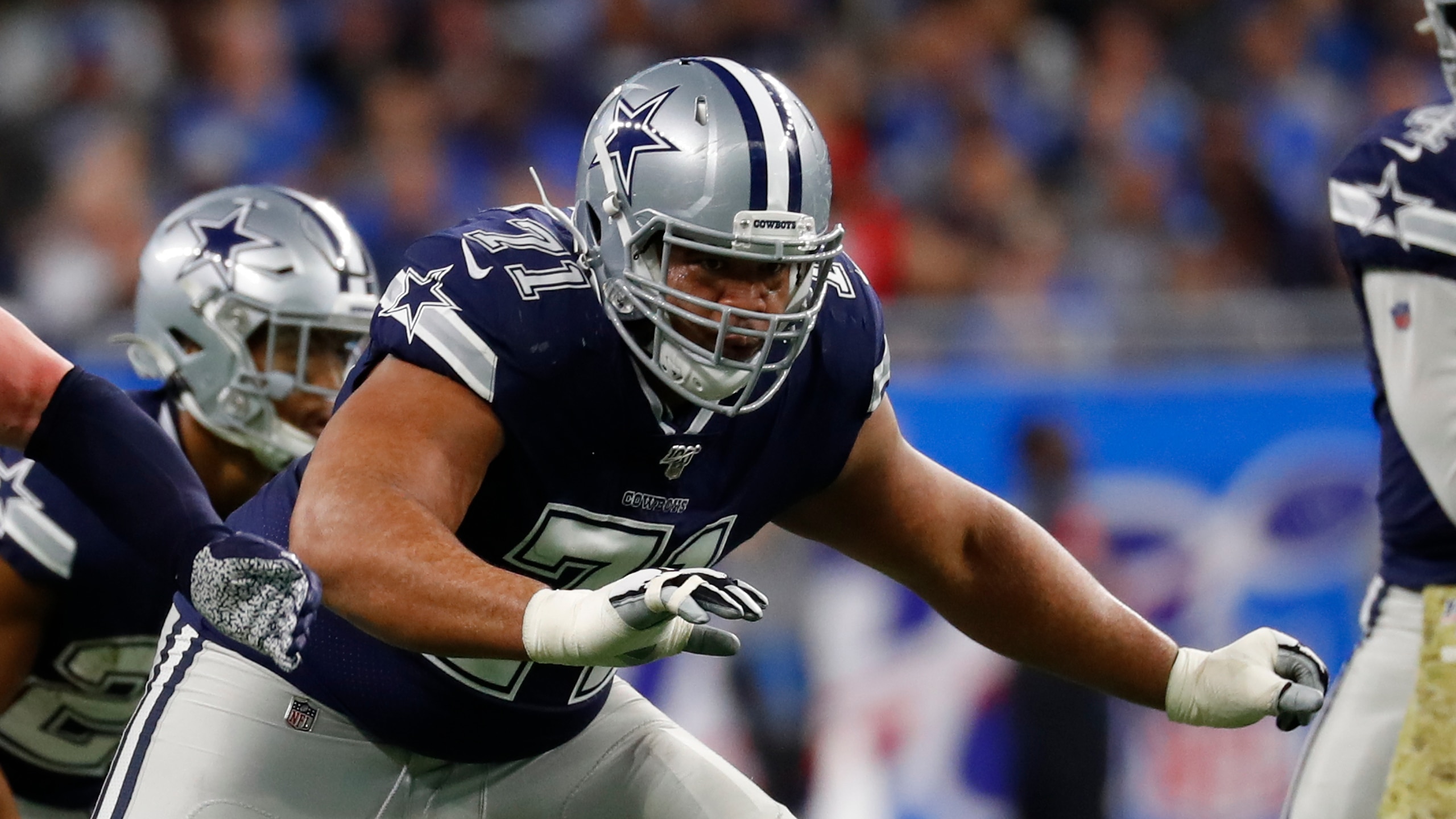 Dallas Cowboys offensive tackle La'el Collins (71) blocks against the Detroit Lions during an NFL football game in Detroit, Sunday, Nov. 17, 2019. (AP Photo/Paul Sancya)