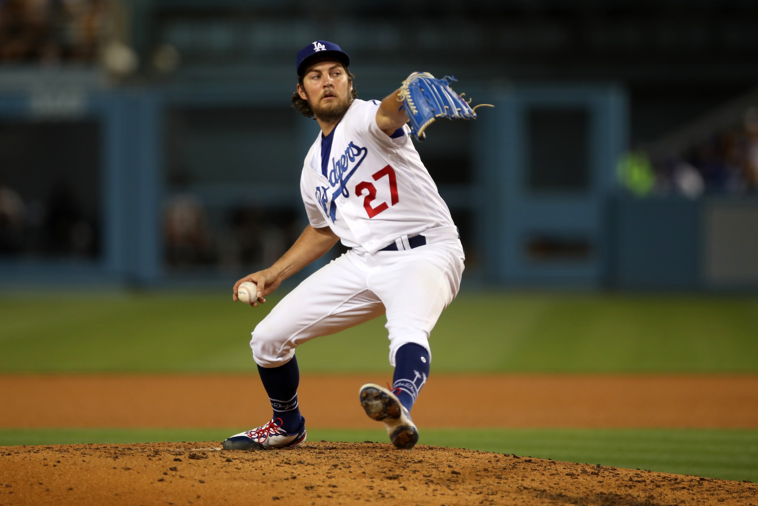 LOS ANGELES, CA - JUNE 28:  Trevor Bauer #27 of the Los Angeles Dodgers pitches during the game against the San Francisco Giants at Dodger Stadium on June 28, 2021 in Los Angeles, California. The Dodgers defeated the Giants 3-2. (Photo by Rob Leiter/MLB Photos via Getty Images)