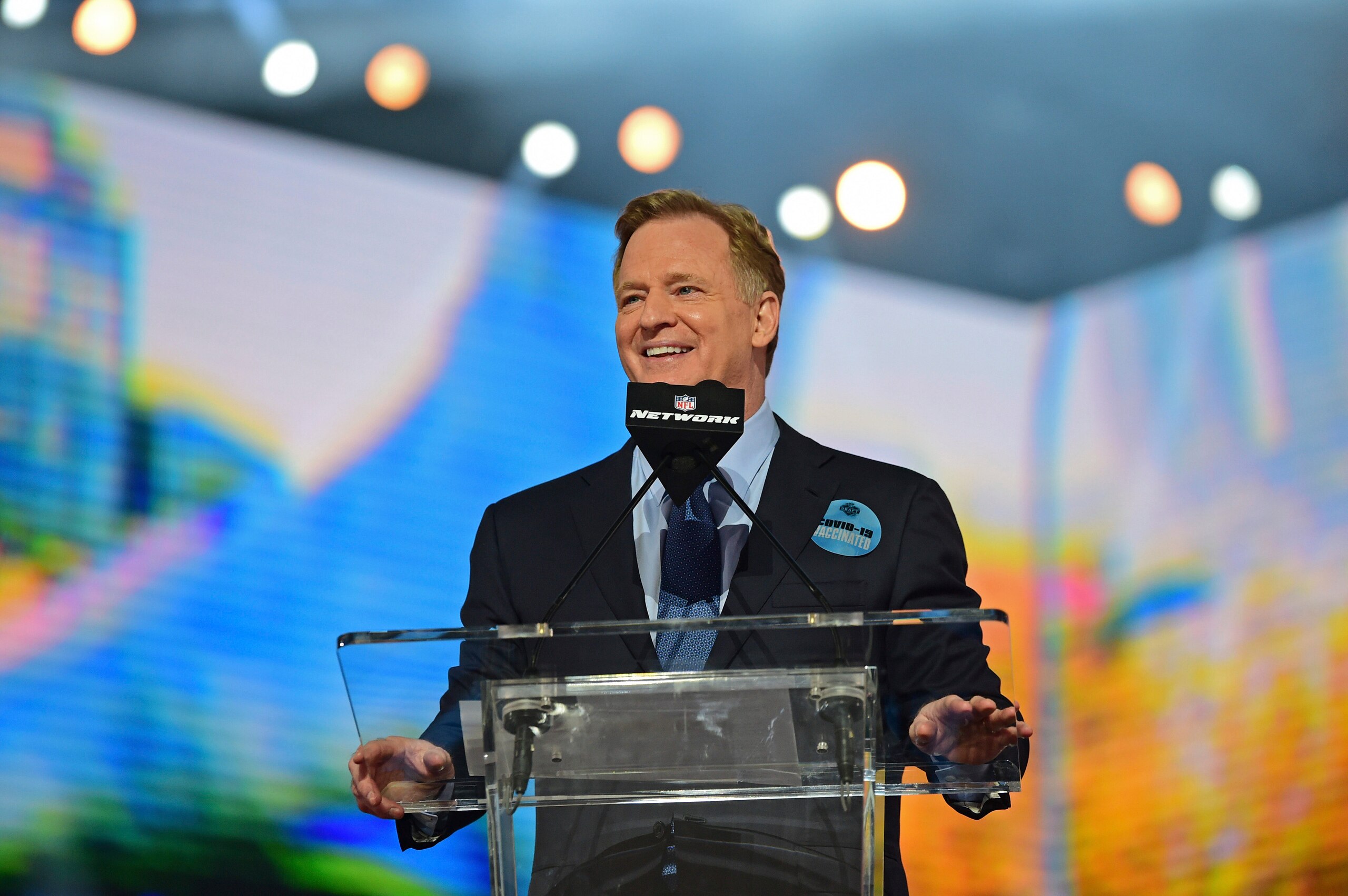 NFL commissioner Roger Goodell talks to the crowd at the start of the first round of the NFL football draft Thursday, April 29, 2021, in Cleveland. (AP Photo/David Dermer)