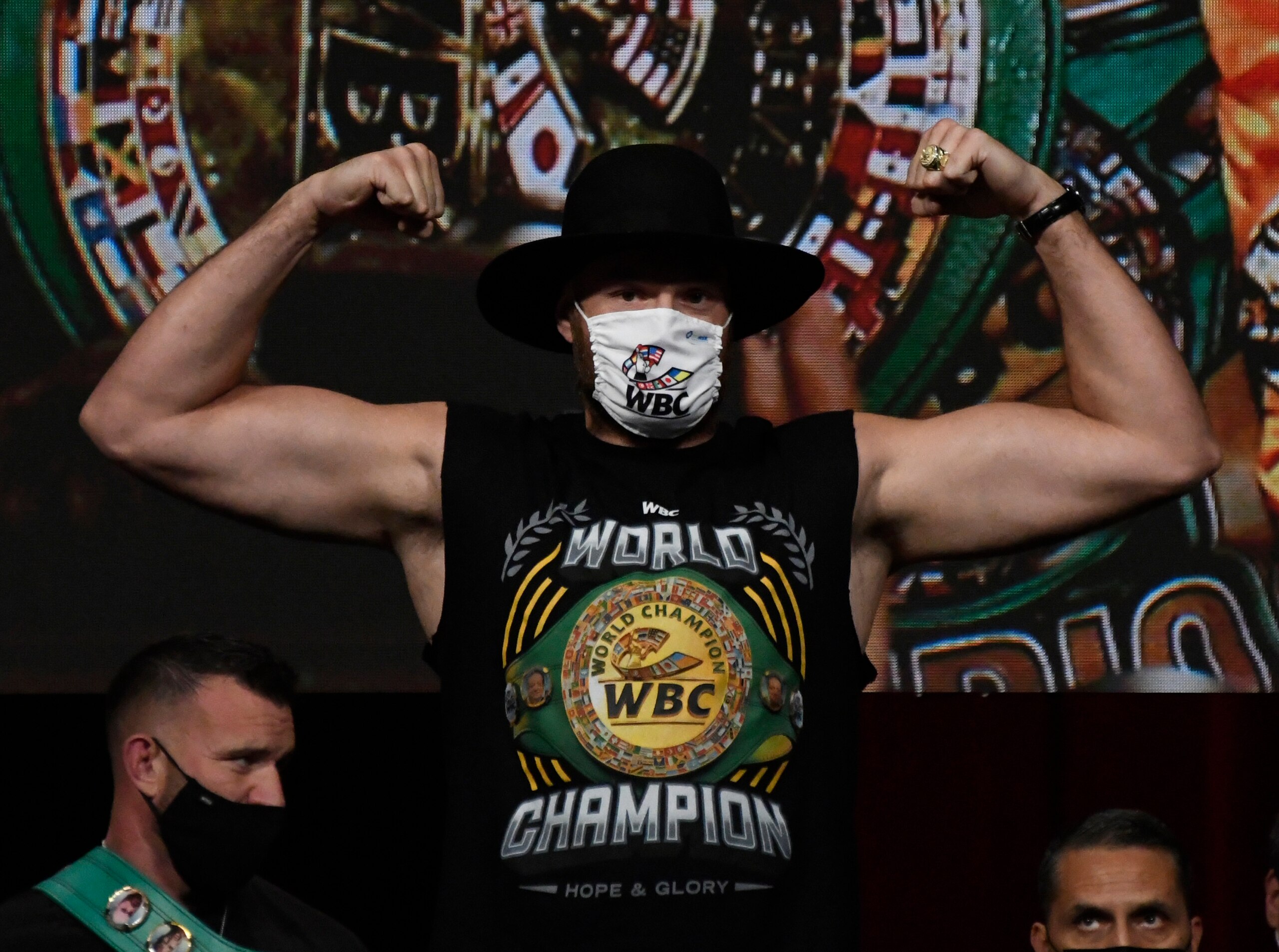 LAS VEGAS, NV - OCTOBER 08: Tyson Fury poses as he weighs in at 277 pounds during weigh-in before a fight against Deontay Wilder for the World Heavyweight Championship at T-Mobile Arena on October 8, 2021 in Las Vegas, Nevada. (Photo by MB Media/Getty Images)