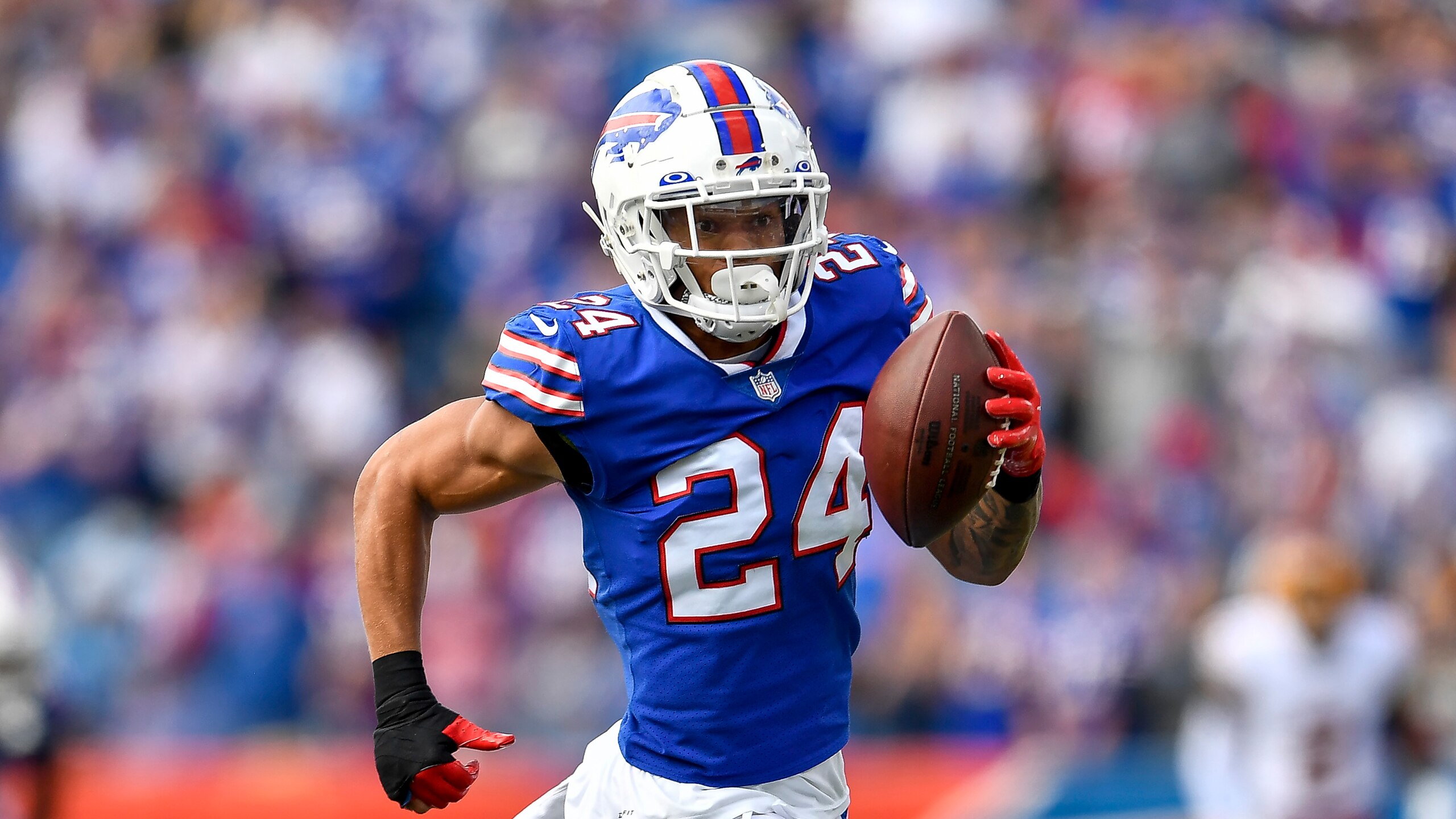 Buffalo Bills cornerback Taron Johnson (24) runs with the ball during the first half of an NFL football game against the Washington Football Team Sunday, Sept. 26, 2021, in Orchard Park, N.Y. (AP Photo/Adrian Kraus) Buffalo Bills cornerback Taron Johnson (24) runs with the ball during the first half of an NFL football game against the Washington Football Team Sunday, Sept. 26, 2021, in Orchard Park, N.Y. (AP Photo/Adrian Kraus)