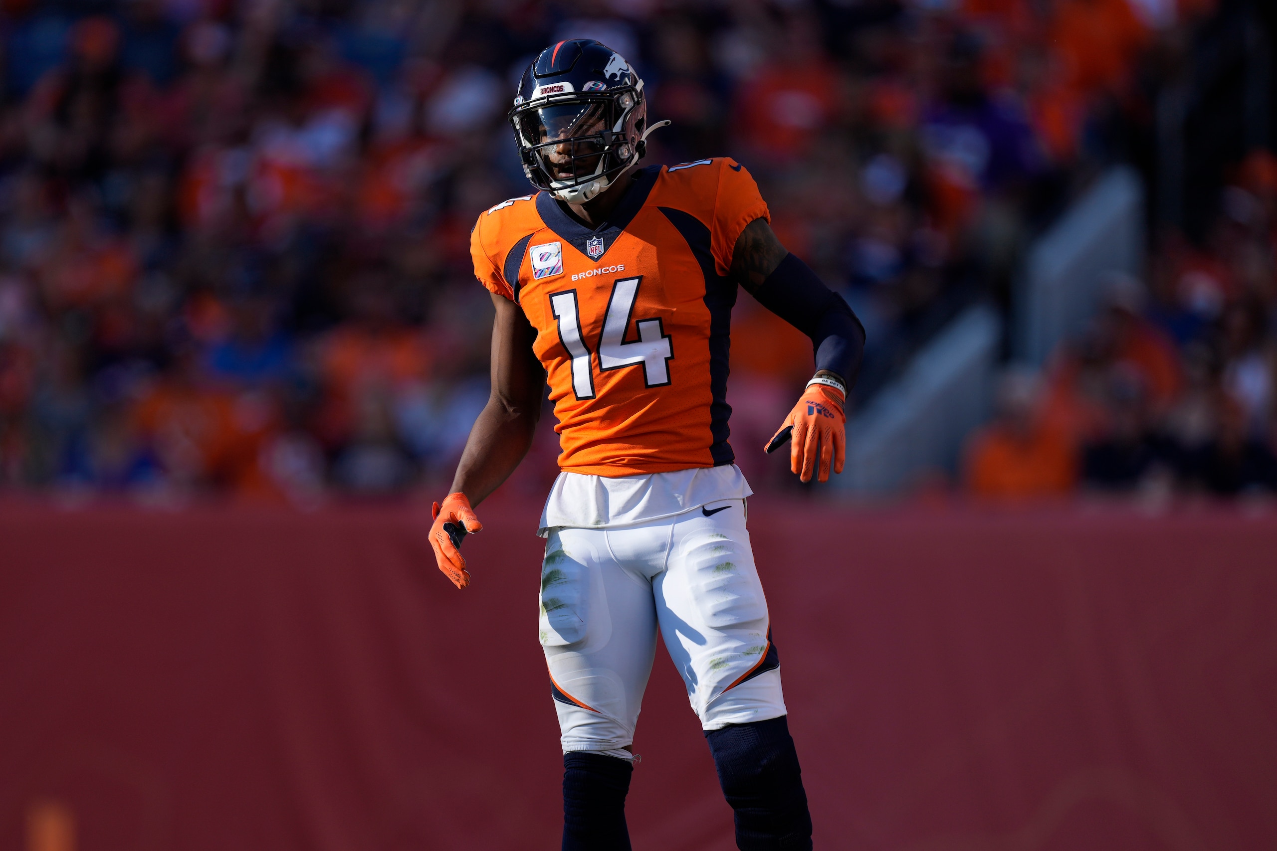 Denver Broncos wide receiver Courtland Sutton (14) against the Baltimore Ravens during the second half of an NFL football game, Sunday, Oct. 3, 2021, in Denver. (AP Photo/David Zalubowski)
