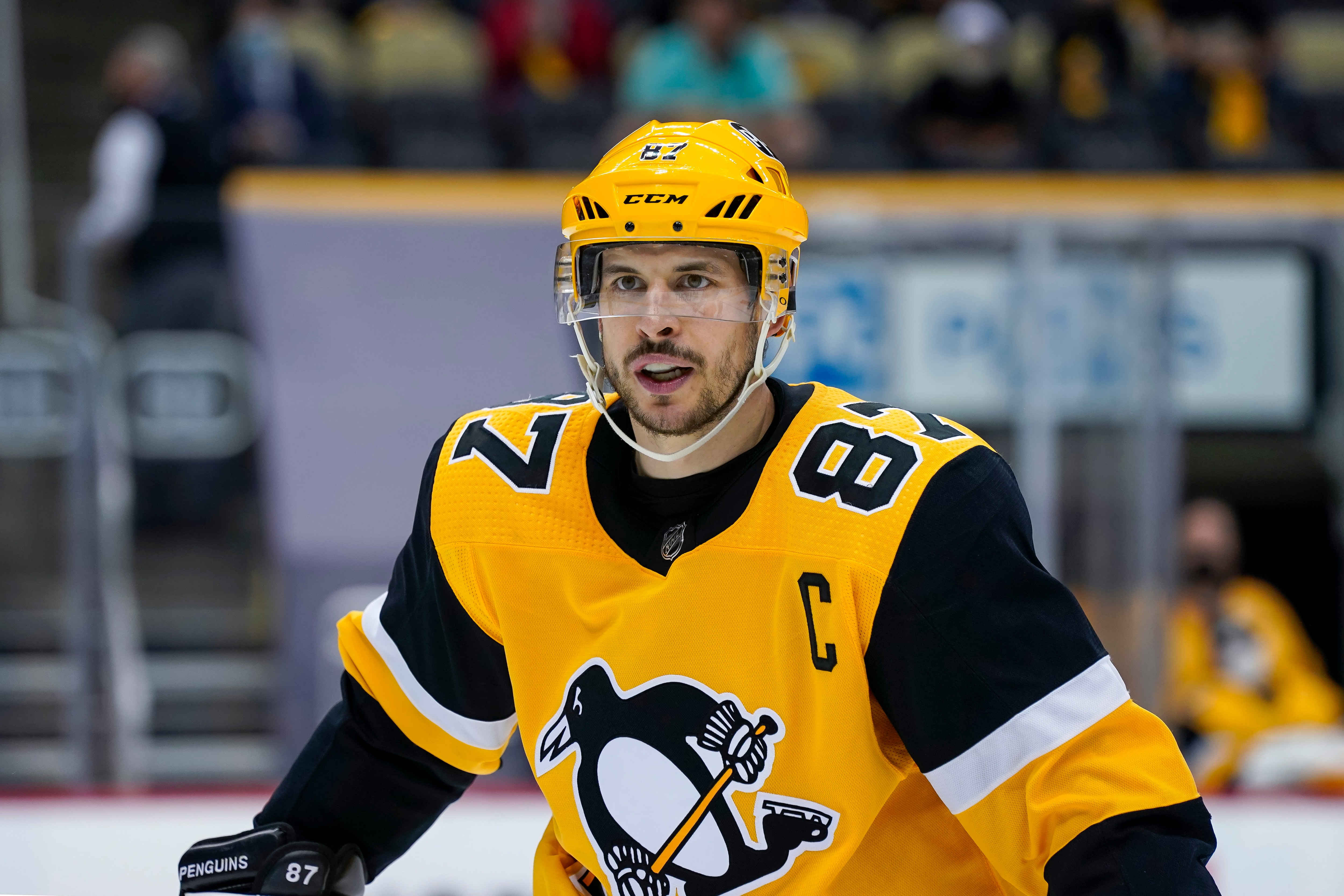 PITTSBURGH, PA - MAY 24: Pittsburgh Penguins center Sidney Crosby (87) looks on during the first overtime period in Game Five of the First Round in the 2021 NHL Stanley Cup Playoffs between the New York Islanders and the Pittsburgh Penguins on May 24, 2021, at PPG Paints Arena in Pittsburgh, PA. (Photo by Jeanine Leech/Icon Sportswire via Getty Images)