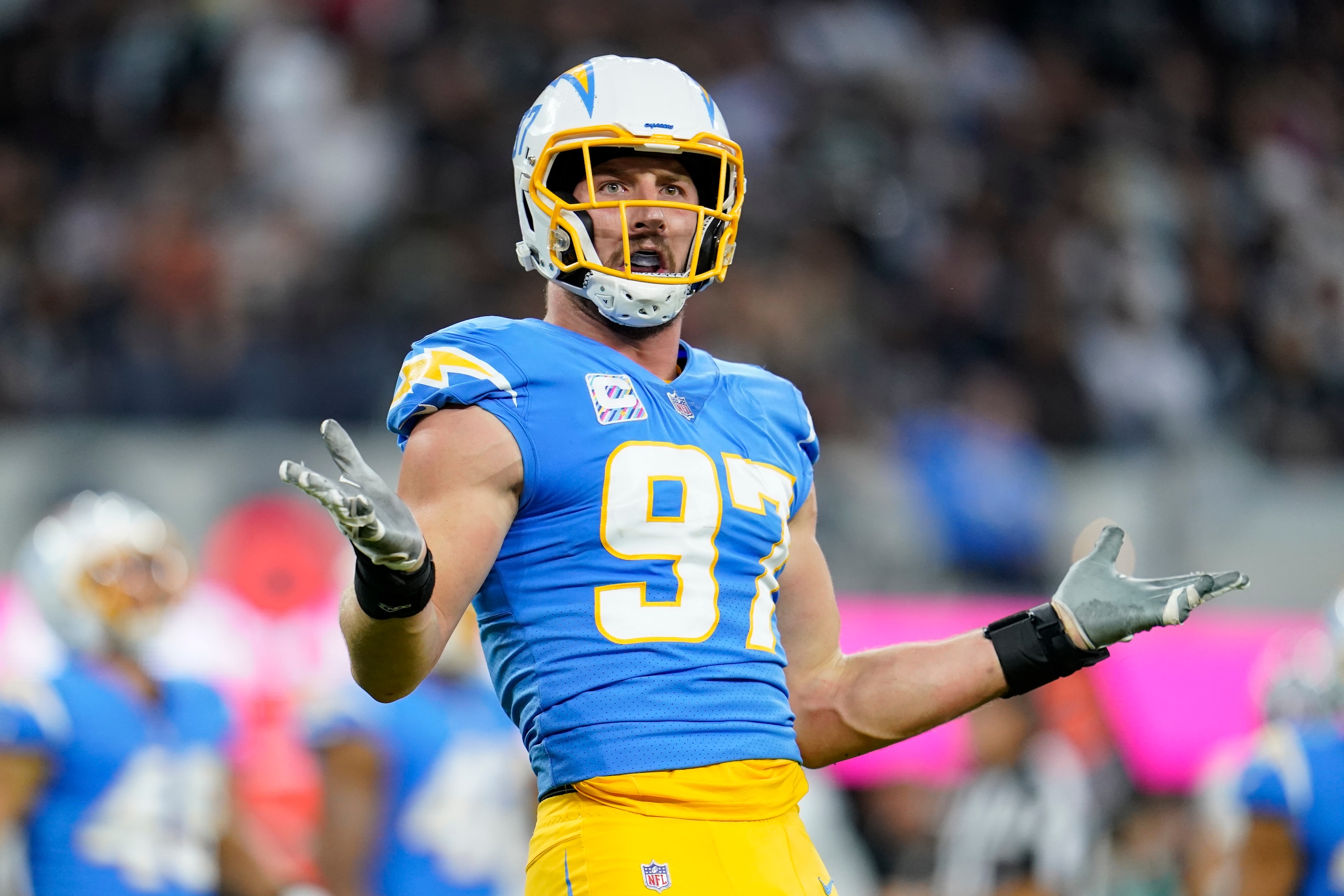 Los Angeles Chargers defensive end Joey Bosa reacts after sacking Las Vegas Raiders quarterback Derek Carr during the first half of an NFL football game Monday, Oct. 4, 2021, in Inglewood, Calif. (AP Photo/Marcio Jose Sanchez)