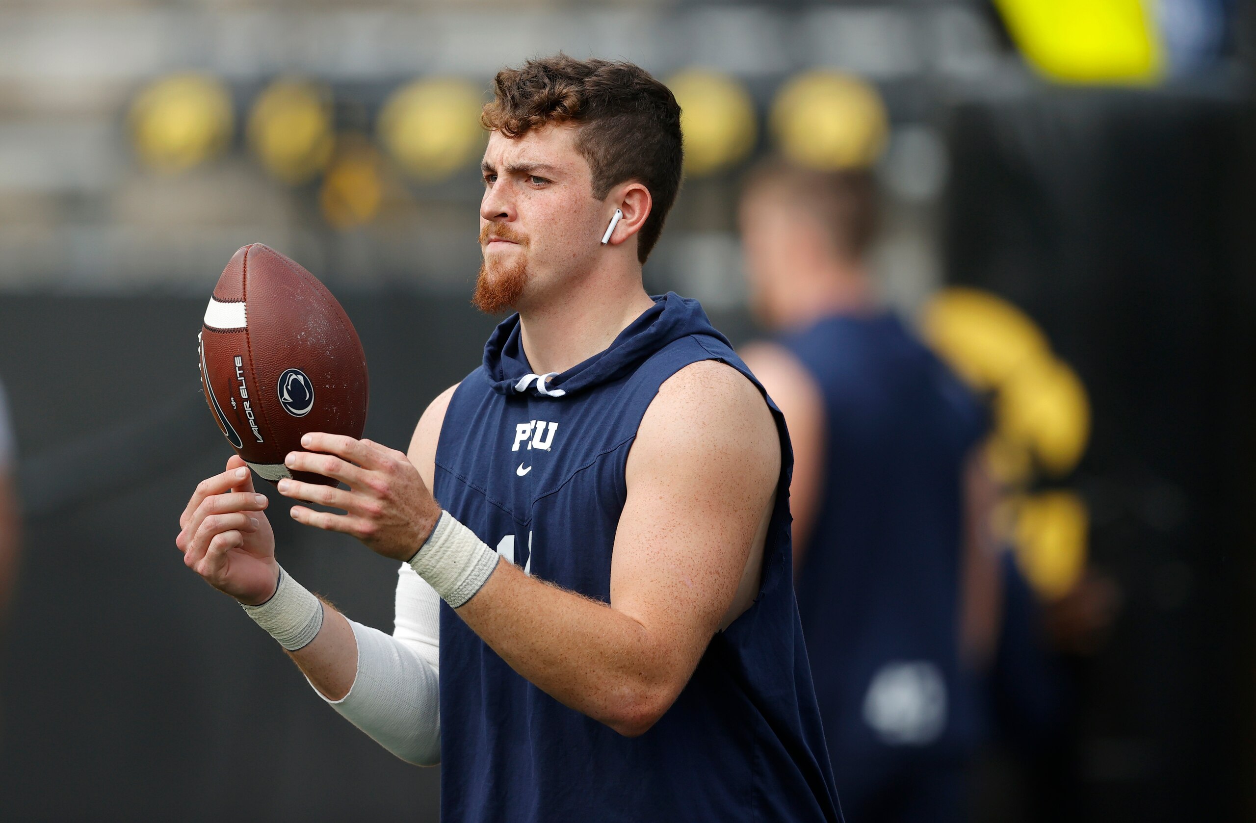 Penn State quarterback Sean Clifford (14) warms up before an NCAA college football game against Iowa, Saturday, Oct. 9, 2021, in Iowa City, Iowa. (AP Photo/Matthew Putney) Penn State quarterback Sean Clifford (14) warms up before an NCAA college football game against Iowa, Saturday, Oct. 9, 2021, in Iowa City, Iowa. (AP Photo/Matthew Putney)