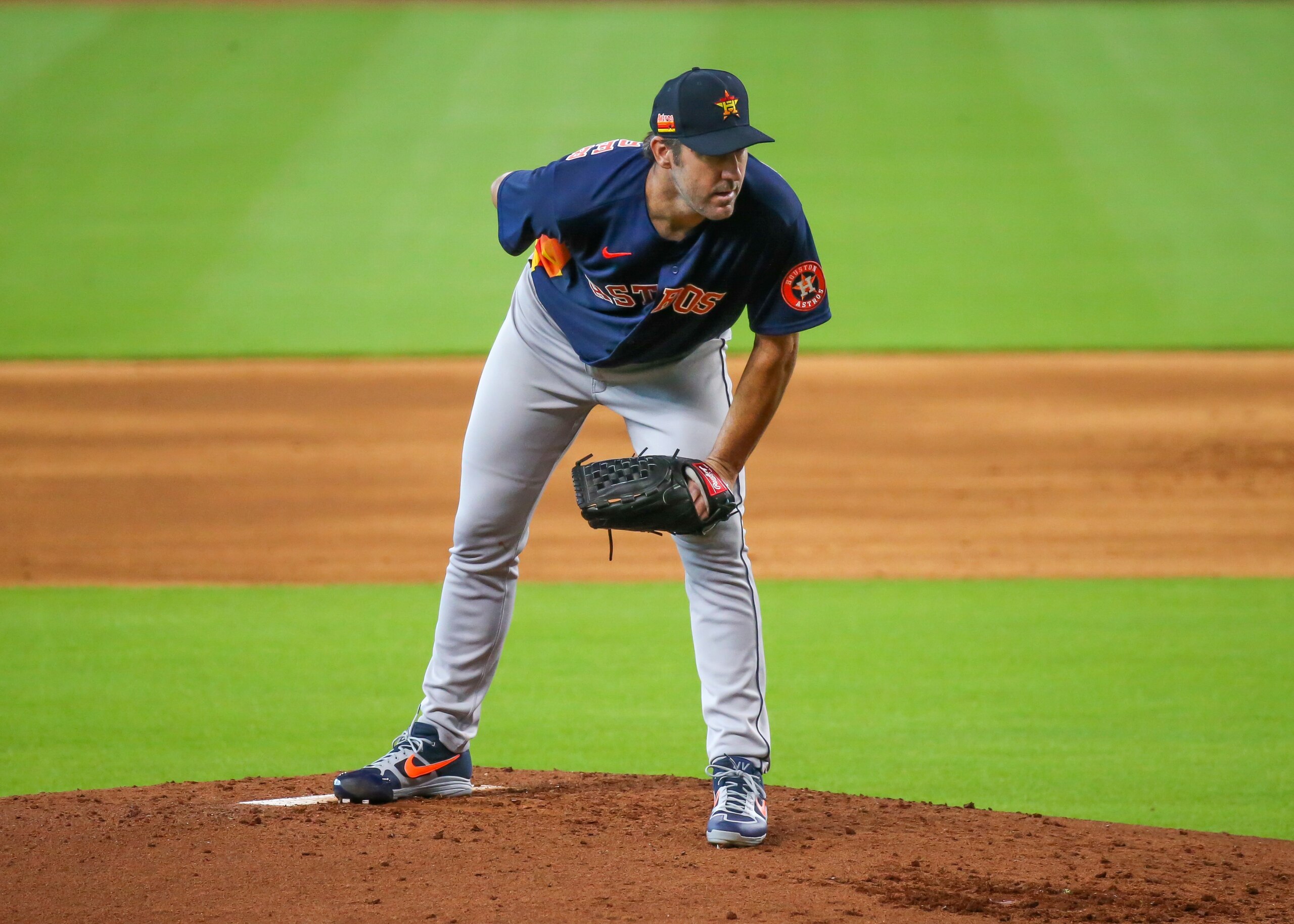 HOUSTON, TX - JULY 09:  Houston Astros starting pitcher Justin Verlander (35) prepares to throw a pitch in the team intrasquad game during the Houston Astros summer camp workout in preparation for the 2020 season due to the Coronavirus Pandemic, on July 9, 2020 at Minute Maid Park In Houston, TX.(Photo by Leslie Plaza Johnson/Icon Sportswire via Getty Images)