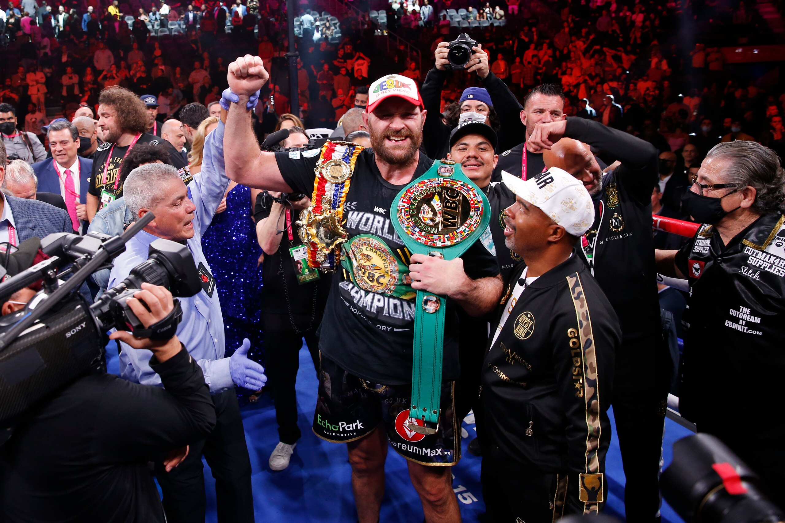 Tyson Fury, of England, celebrates after defeating Deontay Wilder in a heavyweight championship boxing match Saturday, Oct. 9, 2021, in Las Vegas. (AP Photo/Chase Stevens) Tyson Fury, of England, celebrates after defeating Deontay Wilder in a heavyweight championship boxing match Saturday, Oct. 9, 2021, in Las Vegas. (AP Photo/Chase Stevens)