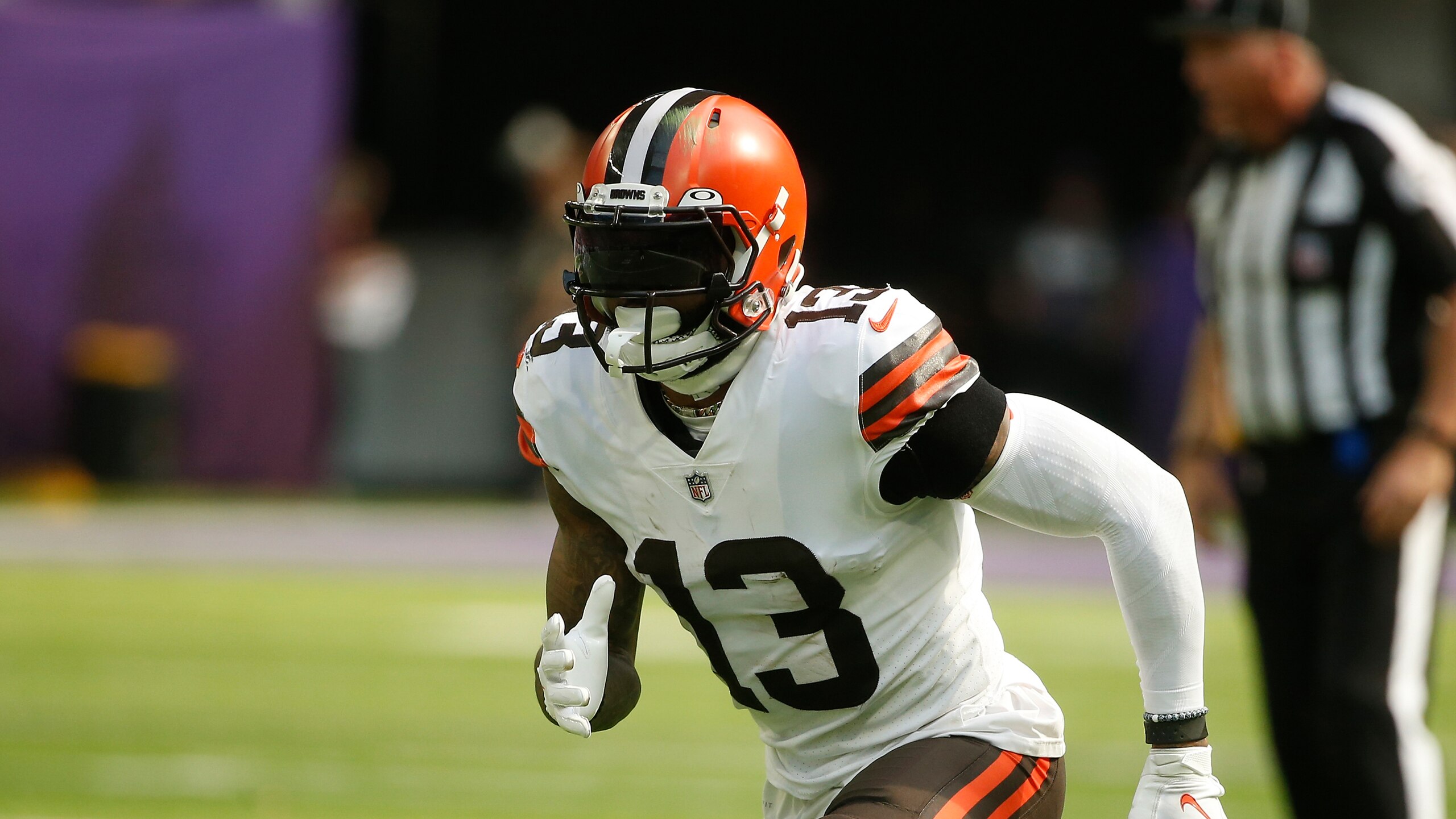 Cleveland Browns wide receiver Odell Beckham Jr. (13) runs up field during the first half of an NFL football game against the Minnesota Vikings, Sunday, Oct. 3, 2021, in Minneapolis. (AP Photo/Bruce Kluckhohn)