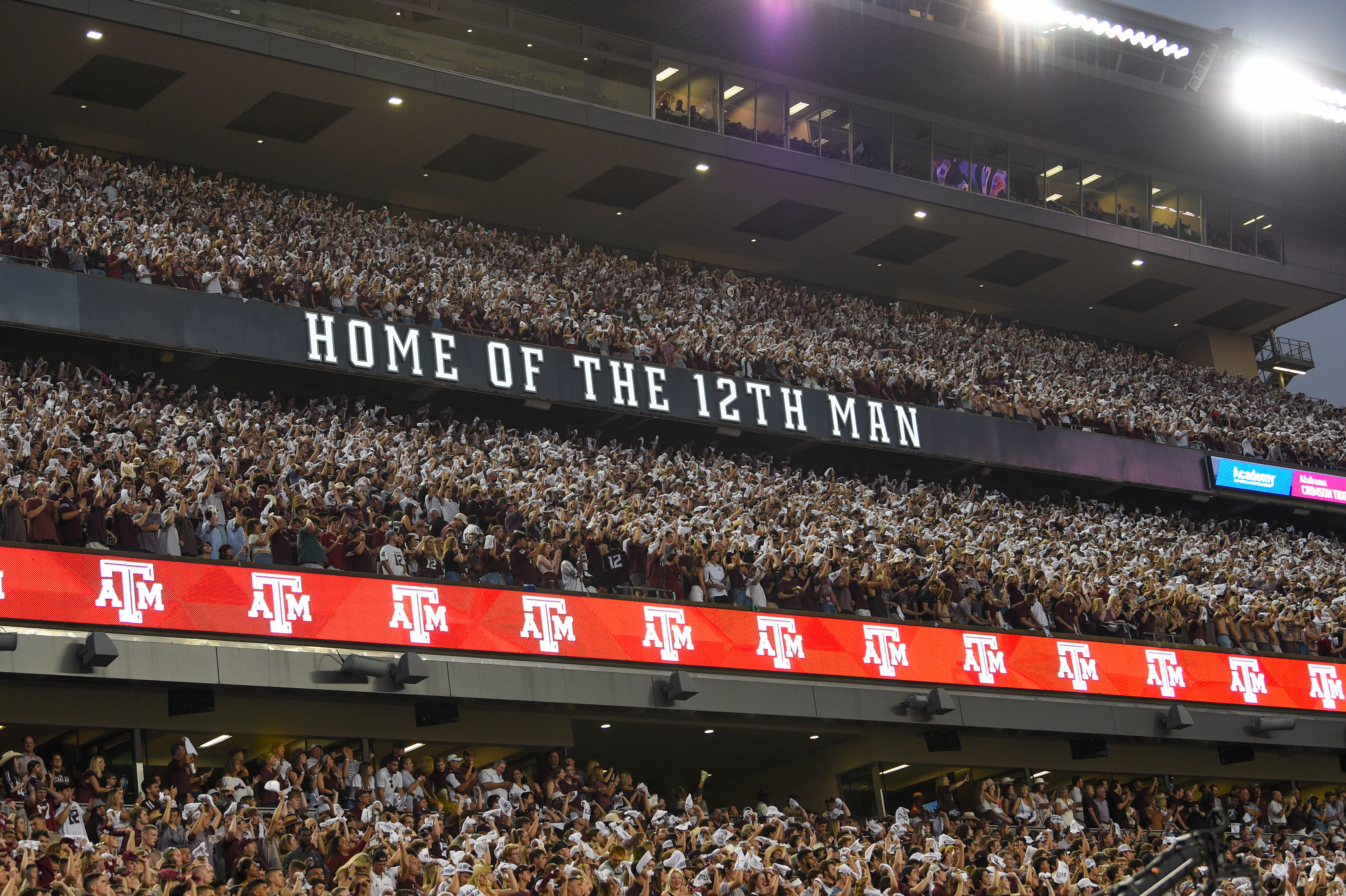 COLLEGE STATION, TX - OCTOBER 09: Aggie fans cover the stadium with white towels during a game between the Alabama Crimson Tide and the Texas A&M Aggies at Kyle Field on October 9, 2021 in College Station, Texas. (Photo by Ken Murray/Icon Sportswire via Getty Images)