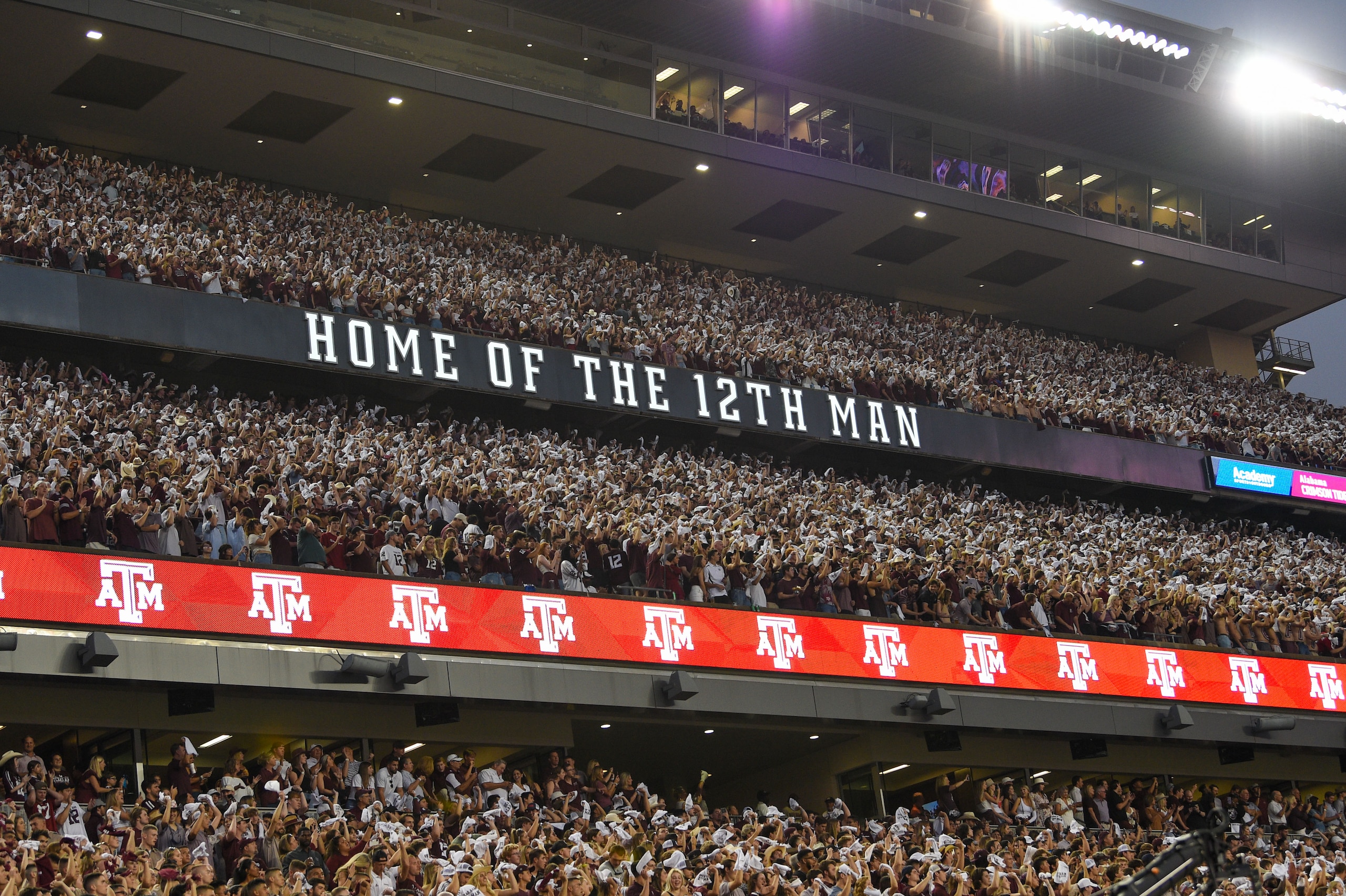 COLLEGE STATION, TX - OCTOBER 09: Aggie fans cover the stadium with white towels during a game between the Alabama Crimson Tide and the Texas A&M Aggies at Kyle Field on October 9, 2021 in College Station, Texas. (Photo by Ken Murray/Icon Sportswire via Getty Images)