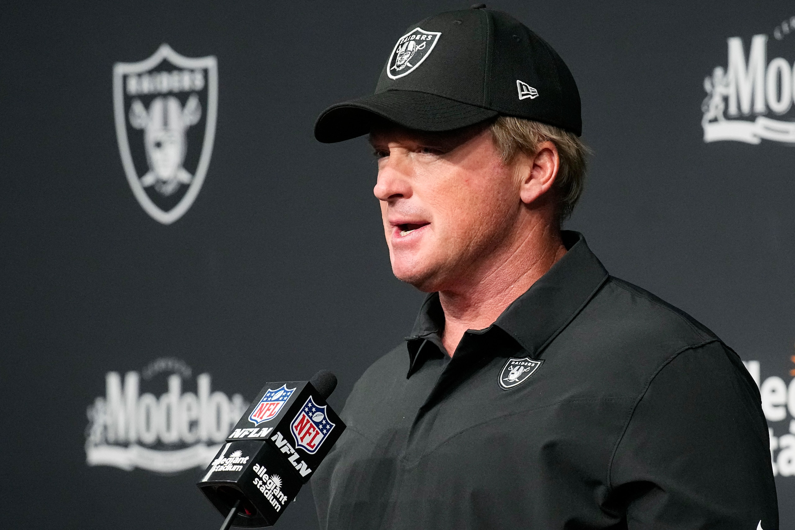 Las Vegas Raiders head coach Jon Gruden attends a news conference after an NFL football game against the Miami Dolphins, Sunday, Sept. 26, 2021, in Las Vegas. (AP Photo/Rick Scuteri)