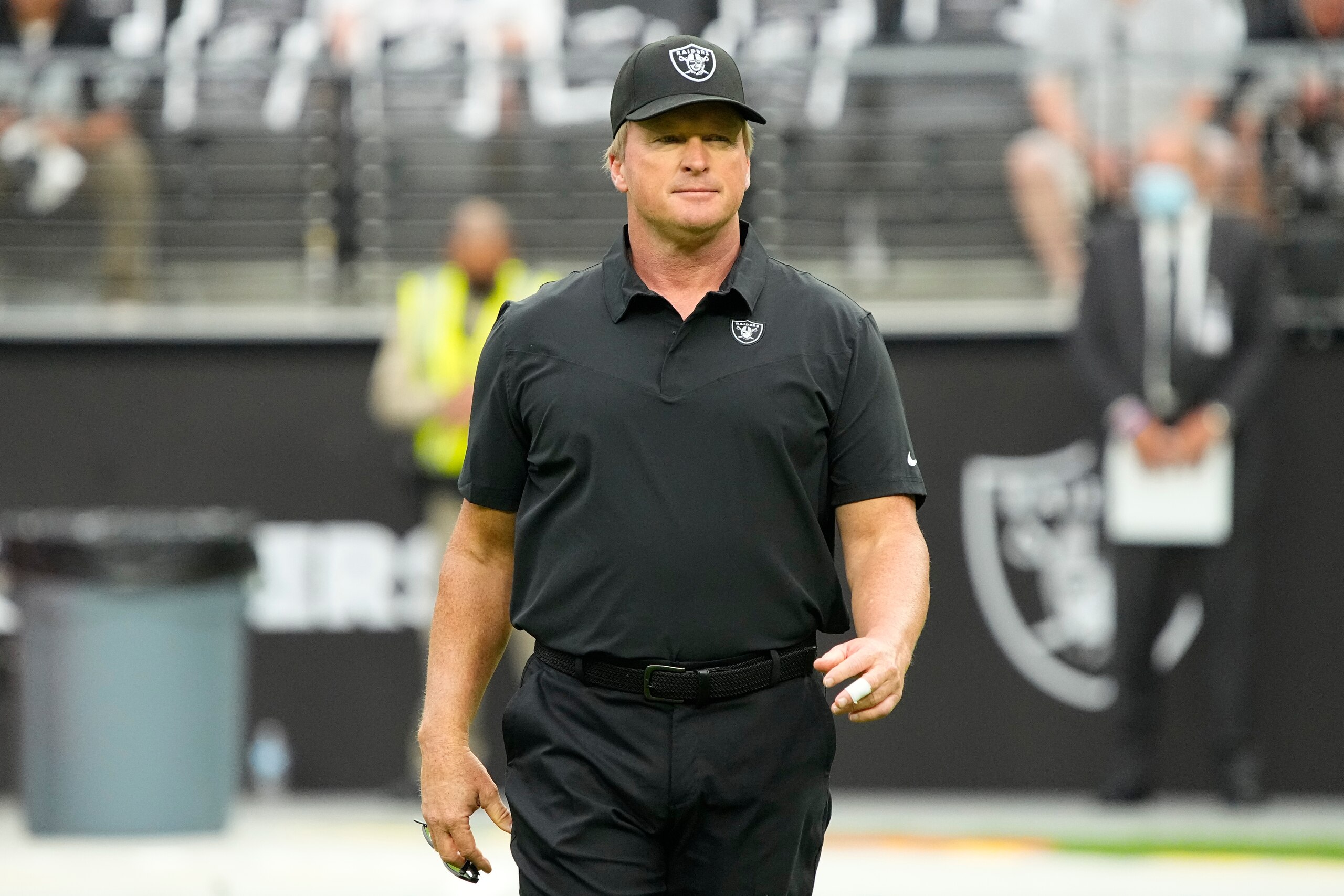 Las Vegas Raiders coach Jon Gruden during an NFL football game against the Miami Dolphins, Sunday, Sept. 26, 2021, in Las Vegas. (AP Photo/Rick Scuteri)