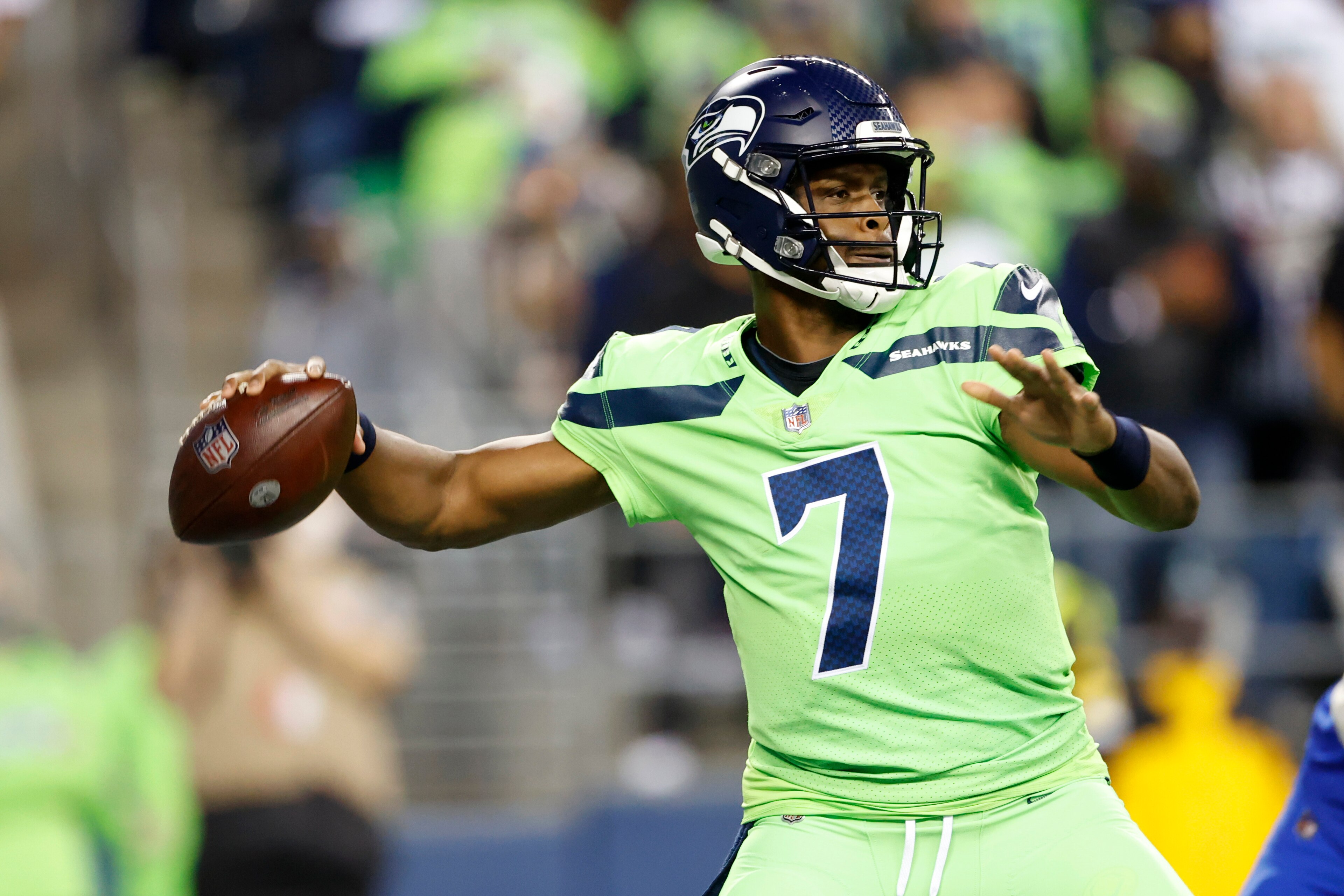 Seattle Seahawks backup quarterback Geno Smith passes against the Los Angeles Rams during the second half of an NFL football game, Thursday, Oct. 7, 2021, in Seattle. Smith came in while starting quarterback Russell Wilson had a hand injury evaluated. (AP Photo/Craig Mitchelldyer) Seattle Seahawks backup quarterback Geno Smith passes against the Los Angeles Rams during the second half of an NFL football game, Thursday, Oct. 7, 2021, in Seattle. Smith came in while starting quarterback Russell Wilson had a hand injury evaluated. (AP Photo/Craig Mitchelldyer)