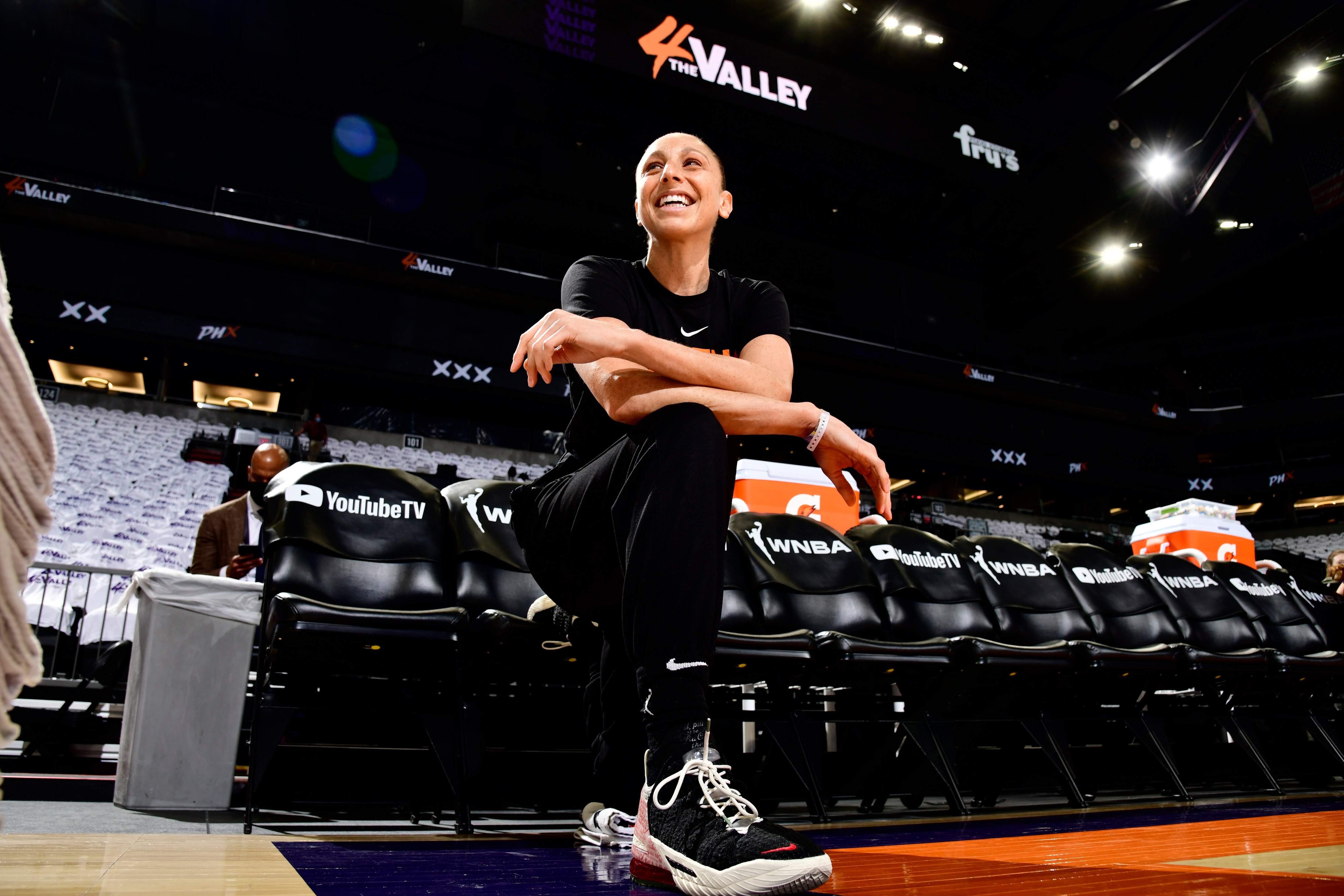 PHOENIX, AZ - OCTOBER 10: Diana Taurasi #3 of the Phoenix Mercury smiles before the game against the Chicago Sky during Game One of the 2021 WNBA Finals on October 10, 2021 at Footprint Center in Phoenix, Arizona. NOTE TO USER: User expressly acknowledges and agrees that, by downloading and or using this photograph, user is consenting to the terms and conditions of the Getty Images License Agreement. Mandatory Copyright Notice: Copyright 2021 NBAE (Photo by Barry Gossage/NBAE via Getty Images)