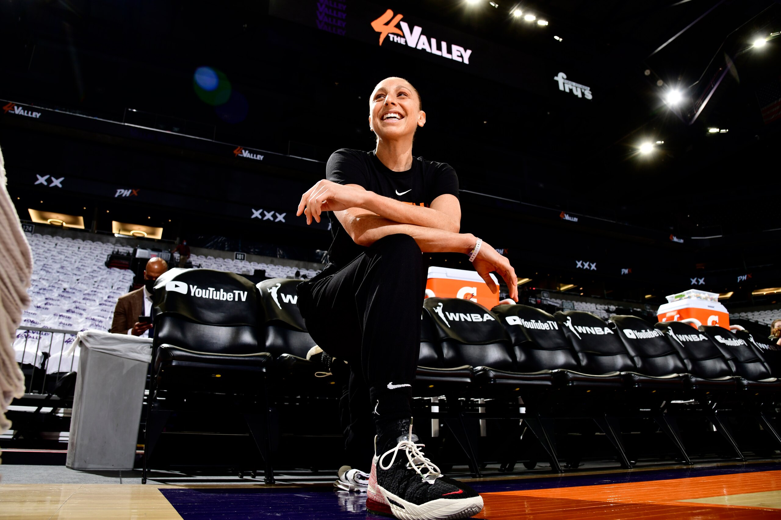 PHOENIX, AZ - OCTOBER 10: Diana Taurasi #3 of the Phoenix Mercury smiles before the game against the Chicago Sky during Game One of the 2021 WNBA Finals on October 10, 2021 at Footprint Center in Phoenix, Arizona. NOTE TO USER: User expressly acknowledges and agrees that, by downloading and or using this photograph, user is consenting to the terms and conditions of the Getty Images License Agreement. Mandatory Copyright Notice: Copyright 2021 NBAE (Photo by Barry Gossage/NBAE via Getty Images)