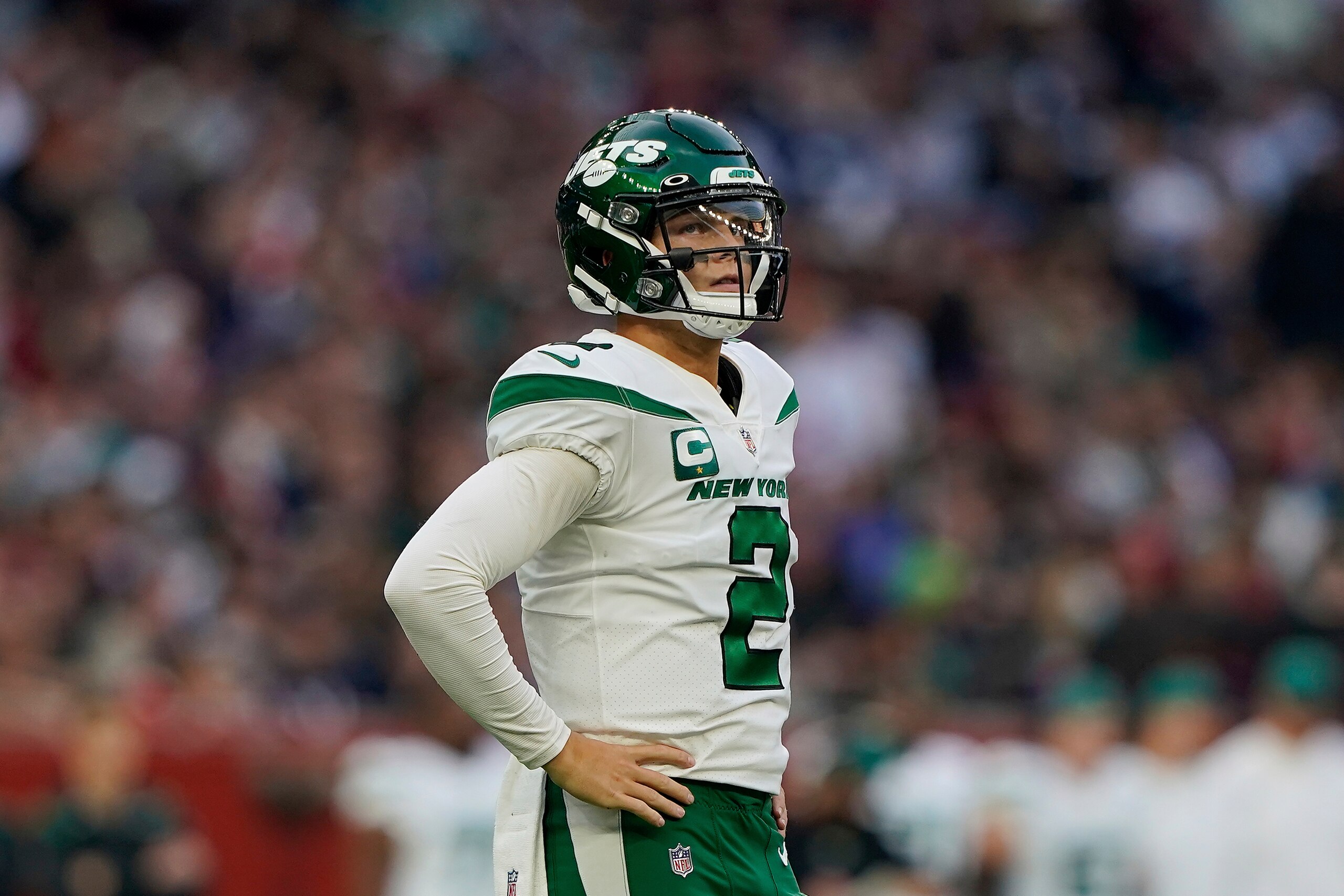 New York Jets quarterback Zach Wilson (2) looks on during an NFL football game against the Atlanta Falcons at Tottenham Hotspur Stadium in London, Sunday, Oct. 10, 2021. (AP Photo/Steve Luciano) New York Jets quarterback Zach Wilson (2) looks on during an NFL football game against the Atlanta Falcons at Tottenham Hotspur Stadium in London, Sunday, Oct. 10, 2021. (AP Photo/Steve Luciano)