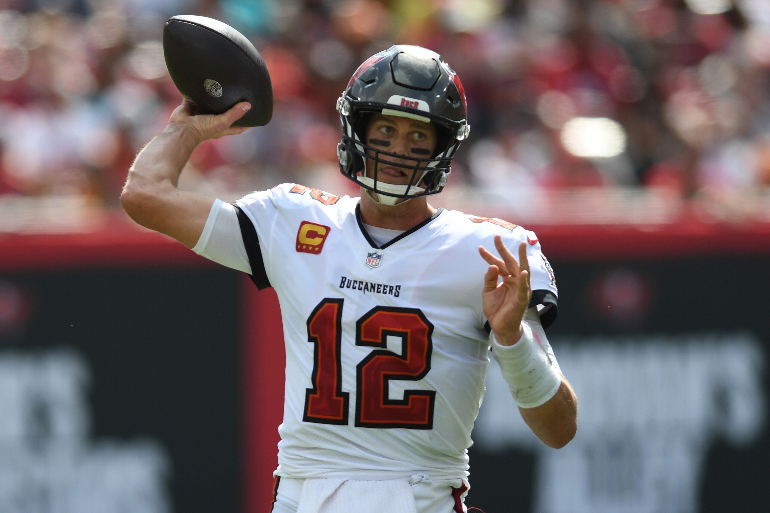 Tampa Bay Buccaneers quarterback Tom Brady (12) throws a pass against the Miami Dolphins during the second half of an NFL football game Sunday, Oct. 10, 2021, in Tampa, Fla. (AP Photo/Jason Behnken)