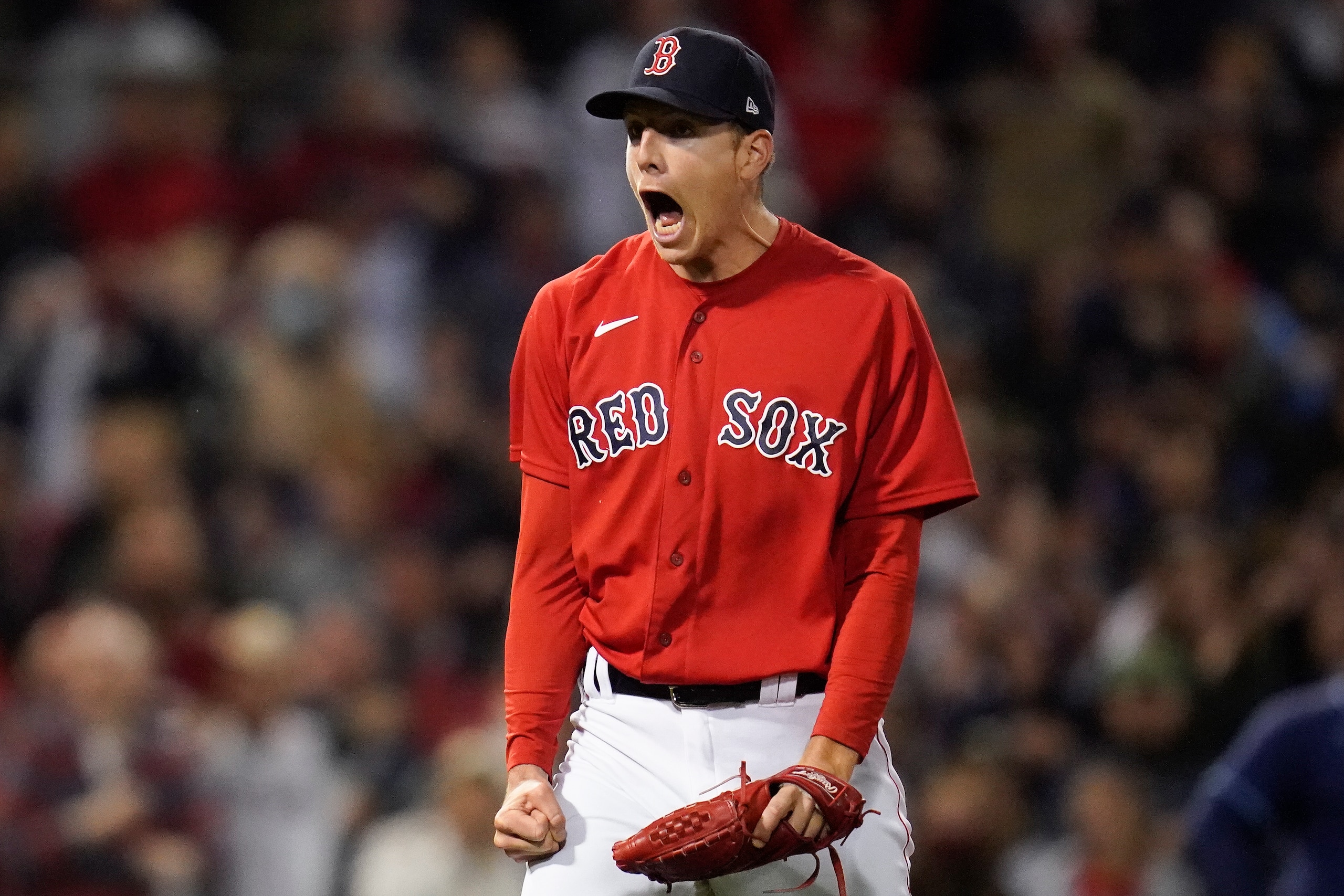 Boston Red Sox pitcher Nick Pivetta reacts after striking out Tampa Bay Rays Jordan Luplow to end the top of the 11th inning during Game 3 of a baseball American League Division Series, Sunday, Oct. 10, 2021, in Boston. (AP Photo/Charles Krupa) Boston Red Sox pitcher Nick Pivetta reacts after striking out Tampa Bay Rays Jordan Luplow to end the top of the 11th inning during Game 3 of a baseball American League Division Series, Sunday, Oct. 10, 2021, in Boston. (AP Photo/Charles Krupa)