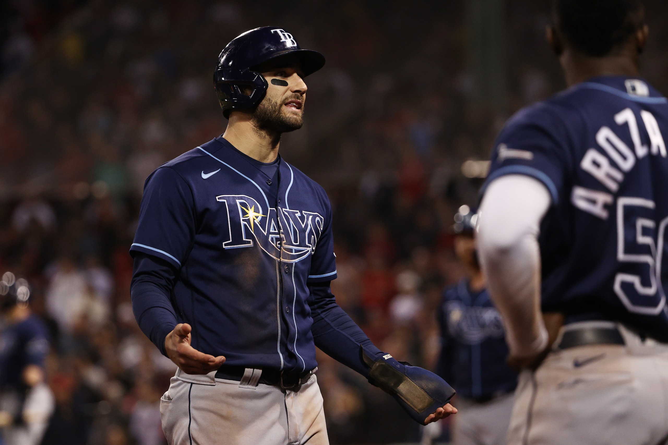 BOSTON, MASSACHUSETTS - OCTOBER 10: Kevin Kiermaier #39 of the Tampa Bay Rays reacts after his ground rule double in the 13th inning against the Boston Red Sox during Game 3 of the American League Division Series at Fenway Park on October 10, 2021 in Boston, Massachusetts. (Photo by Winslow Townson/Getty Images)