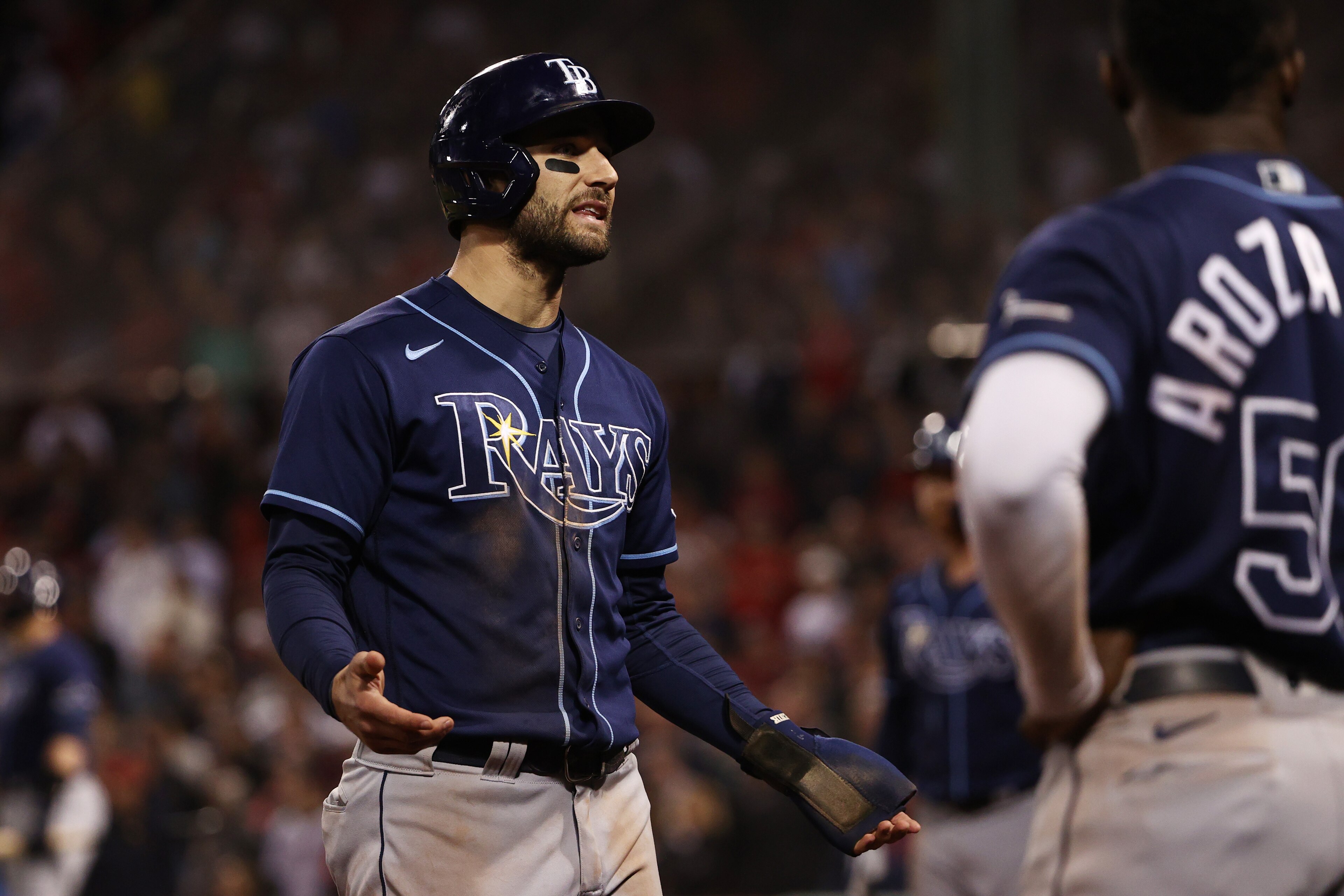 BOSTON, MASSACHUSETTS - OCTOBER 10: Kevin Kiermaier #39 of the Tampa Bay Rays reacts after his ground rule double in the 13th inning against the Boston Red Sox during Game 3 of the American League Division Series at Fenway Park on October 10, 2021 in Boston, Massachusetts. (Photo by Winslow Townson/Getty Images)