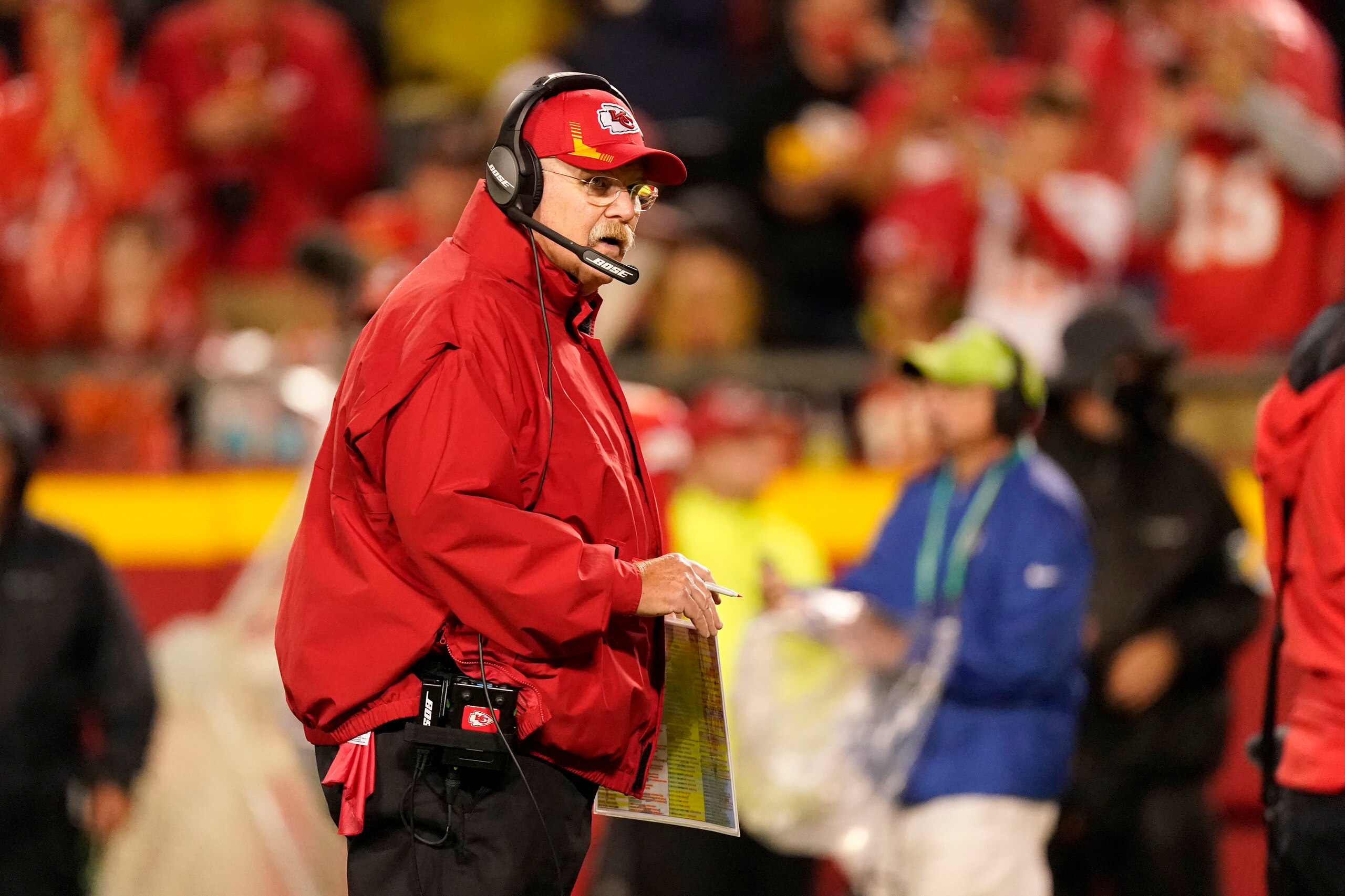 Kansas City Chiefs head coach Andy Reid watches from the sidelines during the second half of an NFL football game against the Buffalo Bills Sunday, Oct. 10, 2021, in Kansas City, Mo. (AP Photo/Charlie Riedel)
