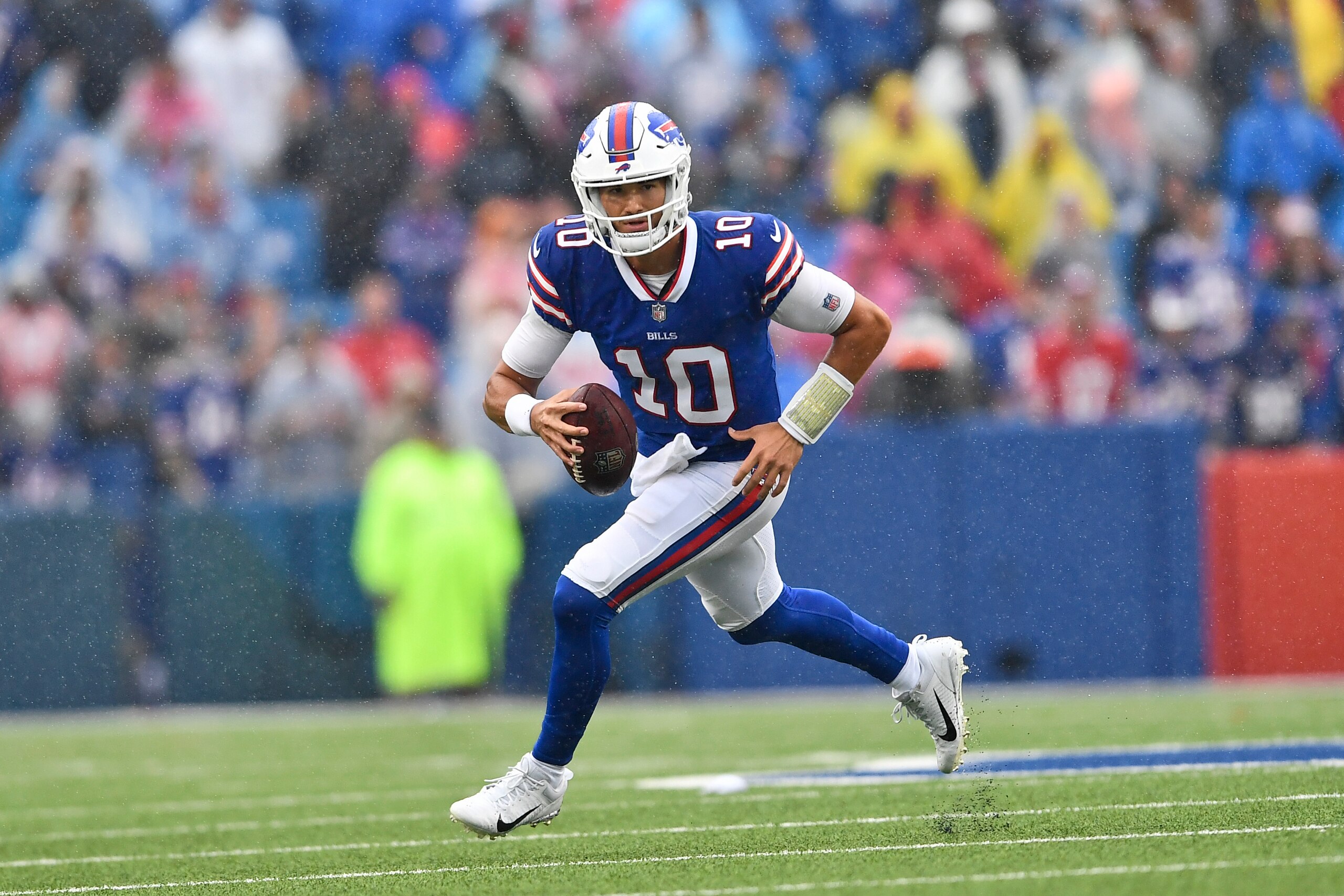 Buffalo Bills quarterback Mitchell Trubisky scrambles during the second half of an NFL football game against the Houston Texans, Sunday, Oct. 3, 2021, in Orchard Park, N.Y. (AP Photo/Adrian Kraus)