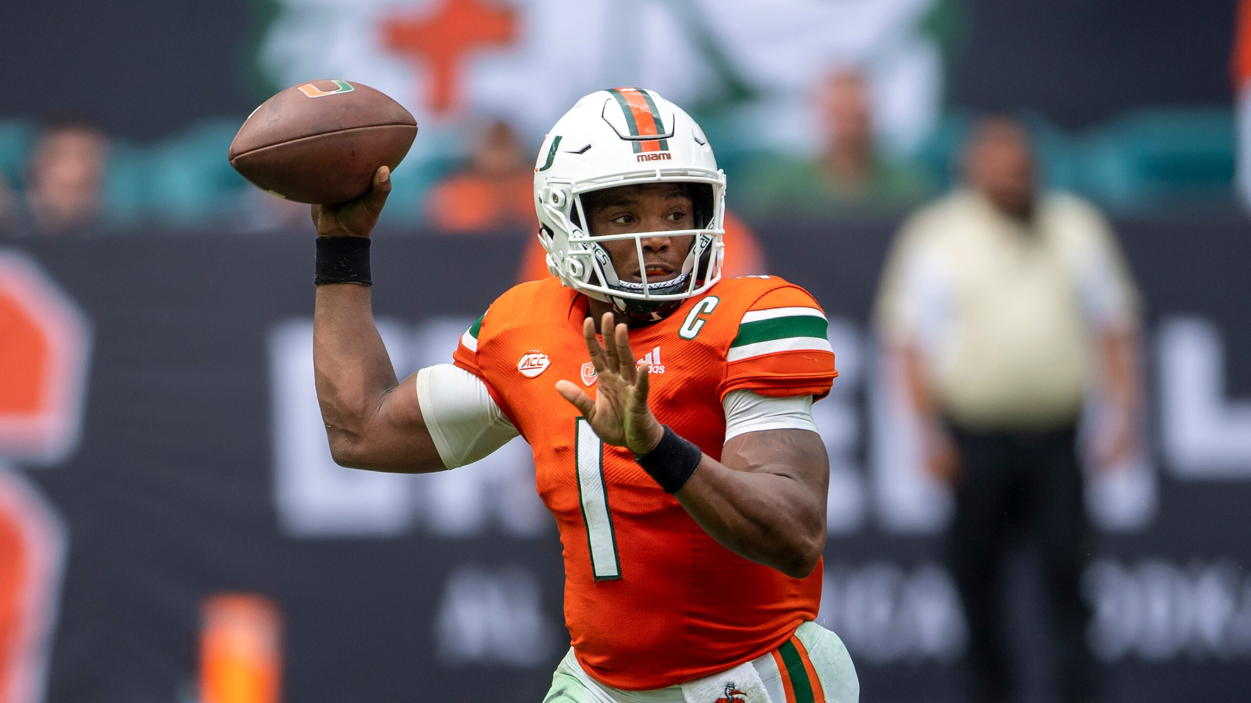 Miami quarterback D'Eriq King (1) during an NCAA football game on Saturday, Sept 18, 2021 in Miami Gardens, Fla. (AP Photo/Doug Murray)