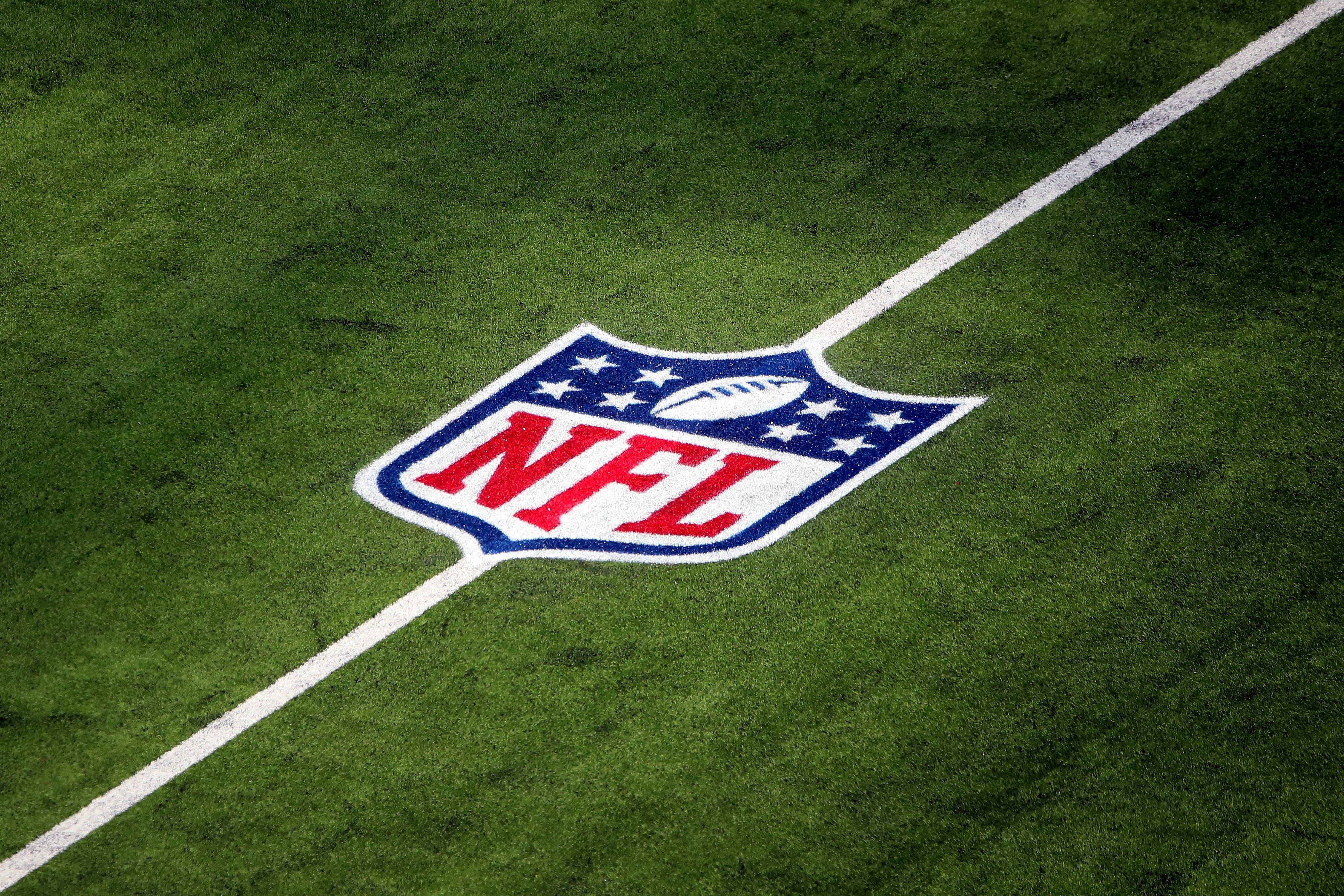 INGLEWOOD, CALIFORNIA - OCTOBER 03: A general view of the NFL logo on the field is seen before the game between the Arizona Cardinals and the Los Angeles Rams at SoFi Stadium on October 03, 2021 in Inglewood, California. (Photo by Katelyn Mulcahy/Getty Images)