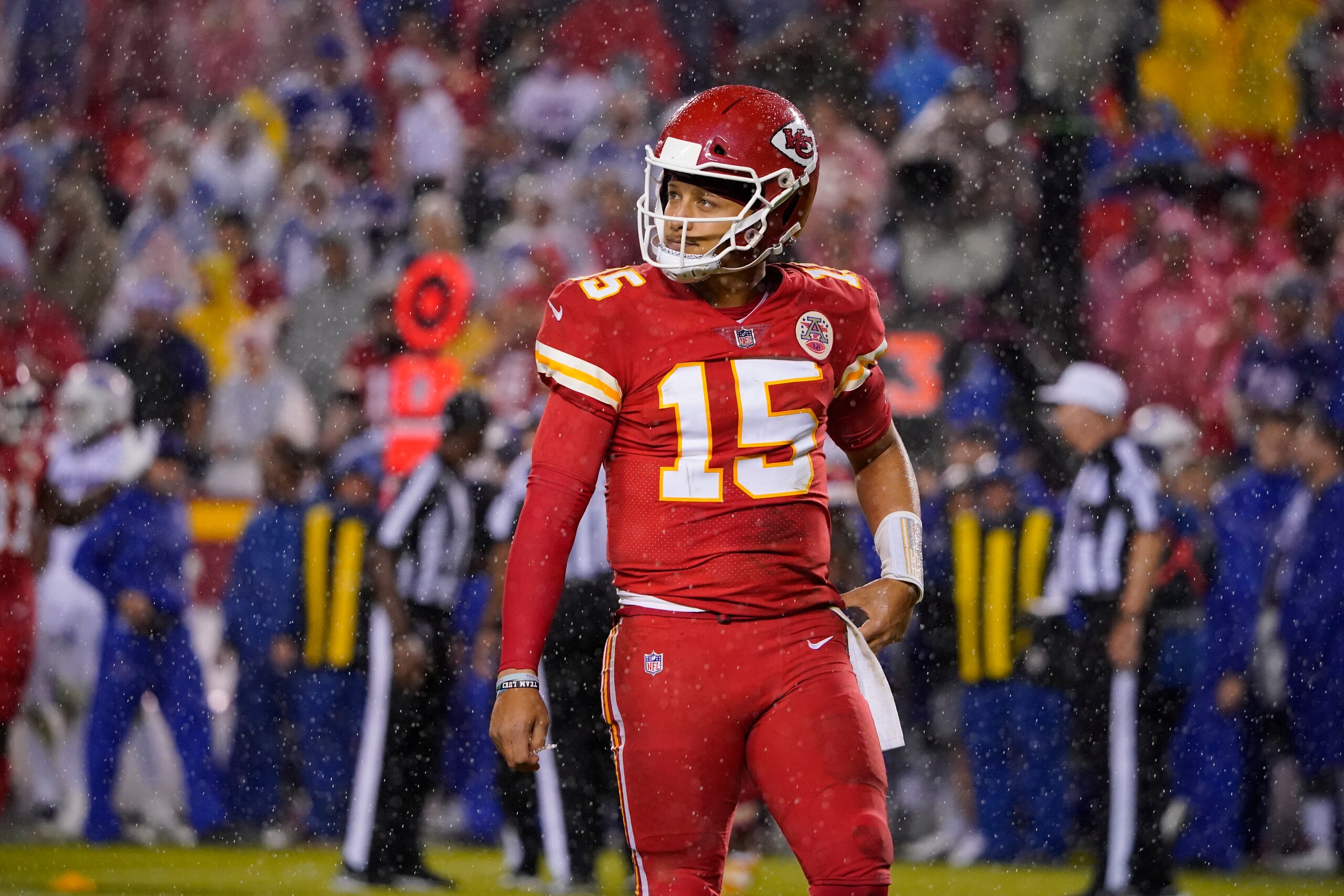 Kansas City Chiefs quarterback Patrick Mahomes during the second half of an NFL football game against the Buffalo Bills Sunday, Oct. 10, 2021, in Kansas City, Mo. (AP Photo/Ed Zurga)