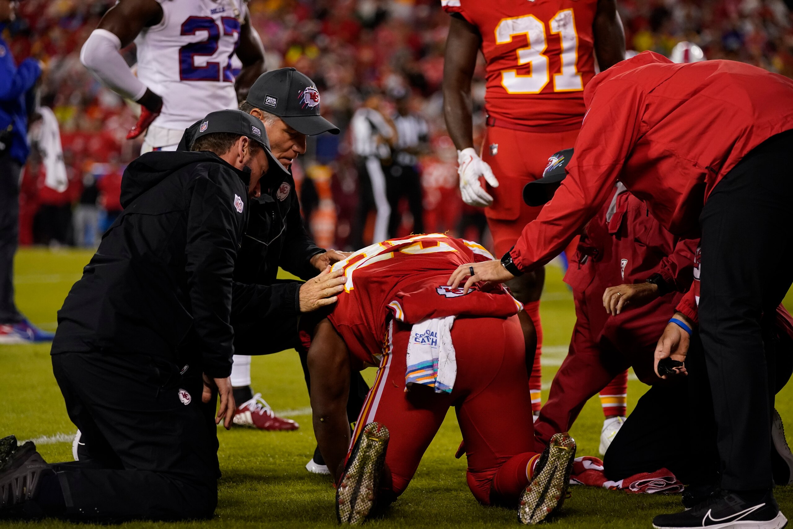 Kansas City Chiefs running back Clyde Edwards-Helaire is injured during the second half of an NFL football game against the Buffalo Bills Sunday, Oct. 10, 2021, in Kansas City, Mo. (AP Photo/Charlie Riedel)