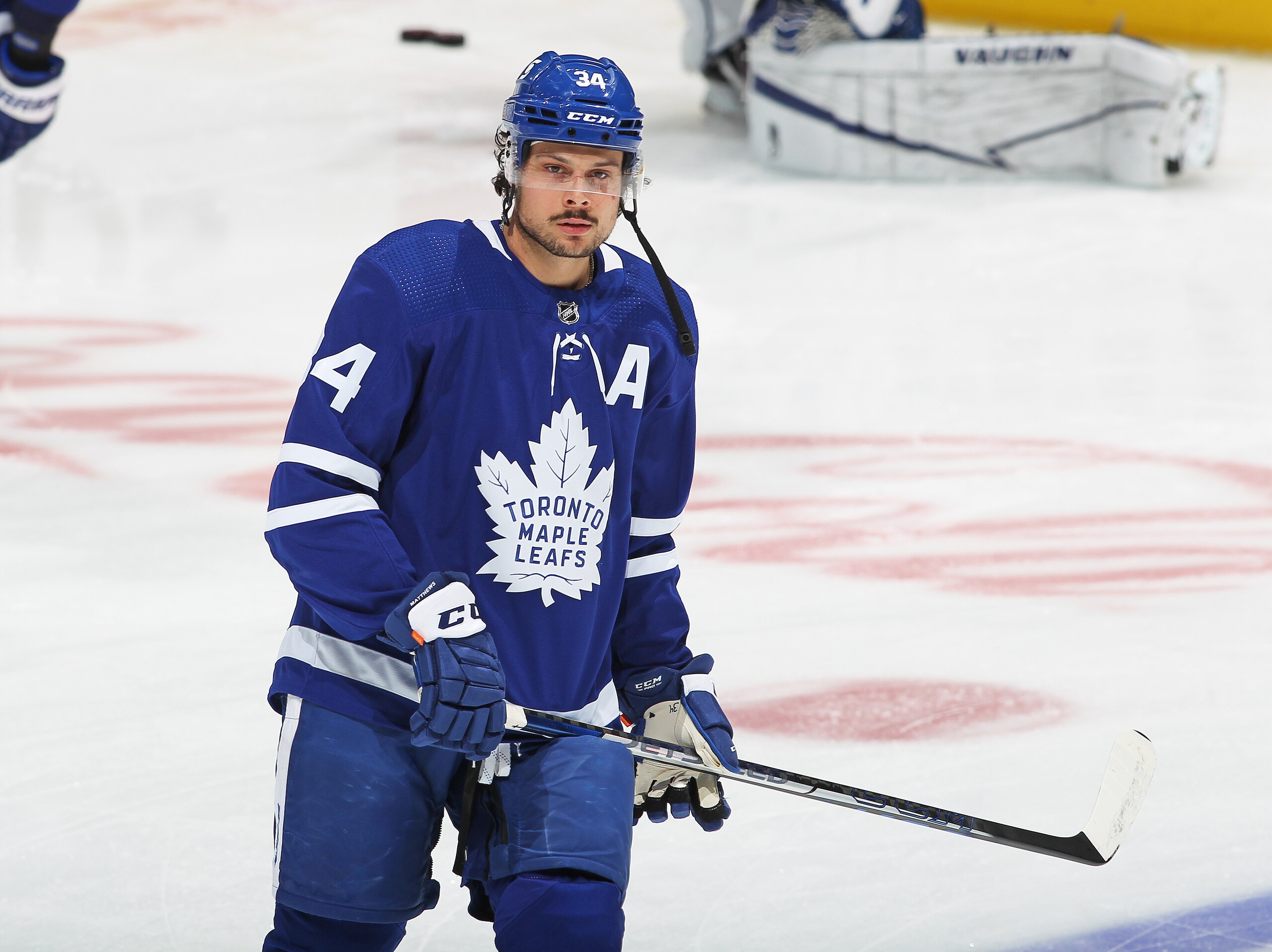 TORONTO, ON - MAY 31:  Auston Matthews #34 of the Toronto Maple Leafs warms up prior to play against the Montreal Canadiens in Game Seven of the First Round of the 2021 Stanley Cup Playoffs at Scotiabank Arena on May 31, 2021 in Toronto, Ontario, Canada. (Photo by Claus Andersen/Getty Images)