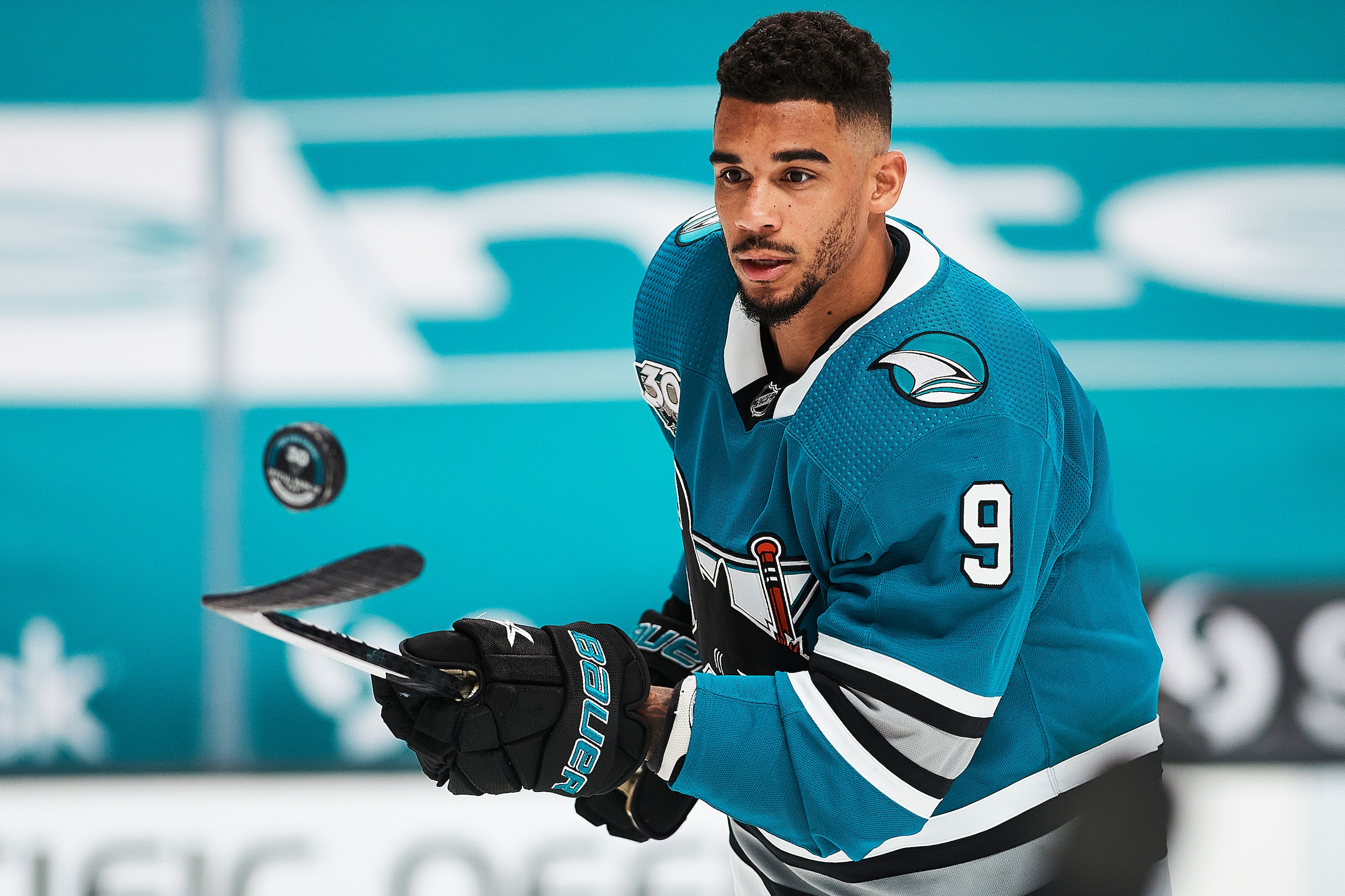 SAN JOSE, CA - MAY 12:  San Jose Sharks left wing Evander Kane (9) warms up before the San Jose Sharks game versus the Vegas Golden Knights on May 12, 2021, at SAP Center at San Jose in San Jose, CA. (Photo by Matt Cohen/Icon Sportswire via Getty Images)
