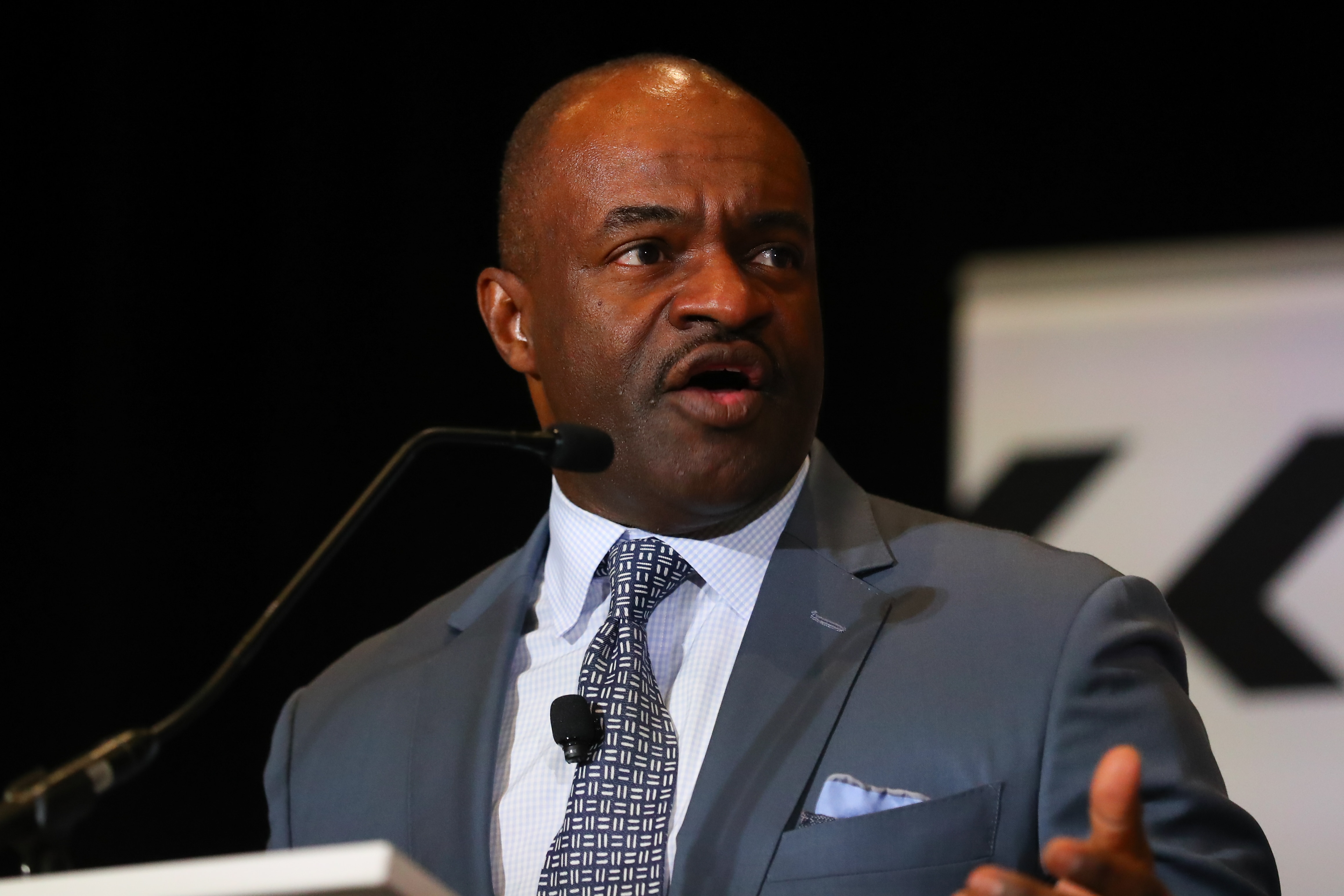 MIAMI BEACH, FL - JANUARY 30: DeMaurice Smith the Executive Director of the National Football League Players Association speaks during the NFLPA press conference on January 30, 2020 at the Miami Beach Convention Center in Miami Beack, FL.  (Photo by Rich Graessle/Icon Sportswire via Getty Images)