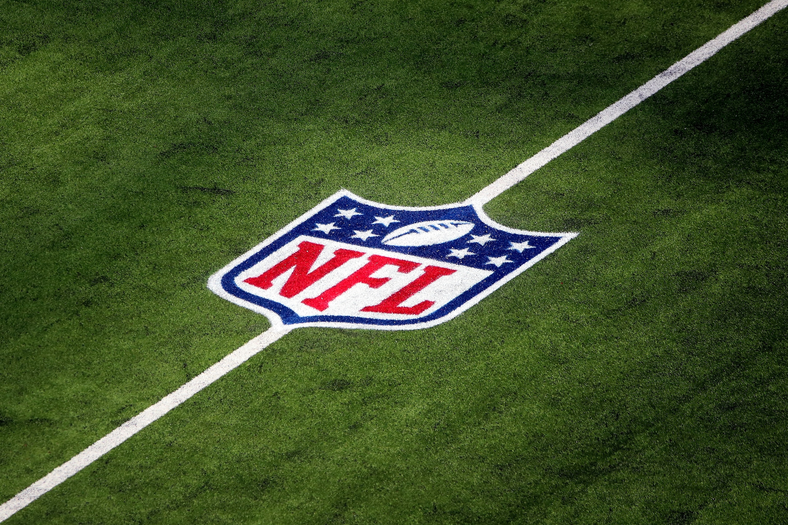 INGLEWOOD, CALIFORNIA - OCTOBER 03: A general view of the NFL logo on the field is seen before the game between the Arizona Cardinals and the Los Angeles Rams at SoFi Stadium on October 03, 2021 in Inglewood, California. (Photo by Katelyn Mulcahy/Getty Images)