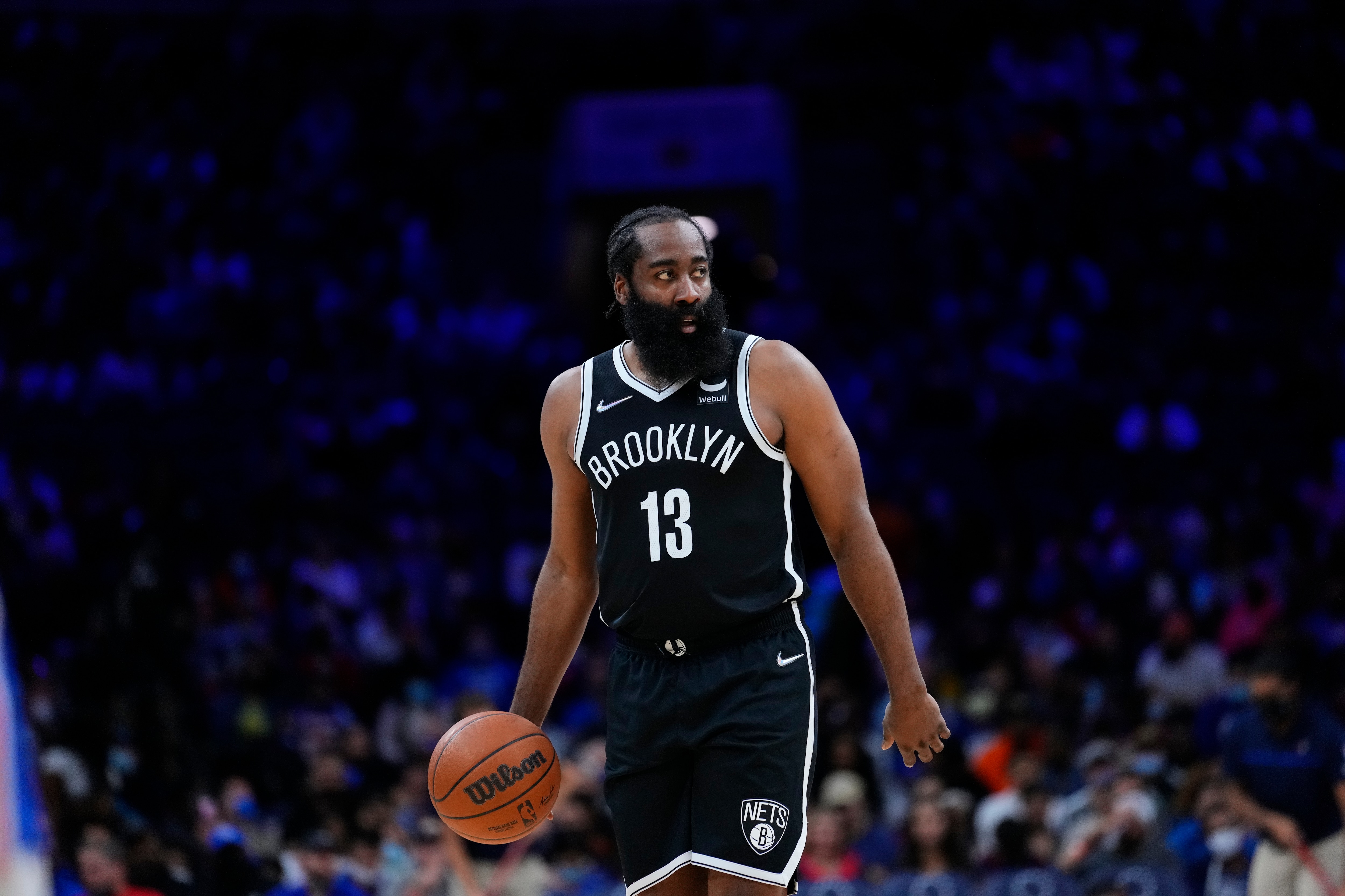 Brooklyn Nets' James Harden plays during a preseason NBA basketball game, Monday, Oct. 11, 2021, in Philadelphia. (AP Photo/Matt Slocum)