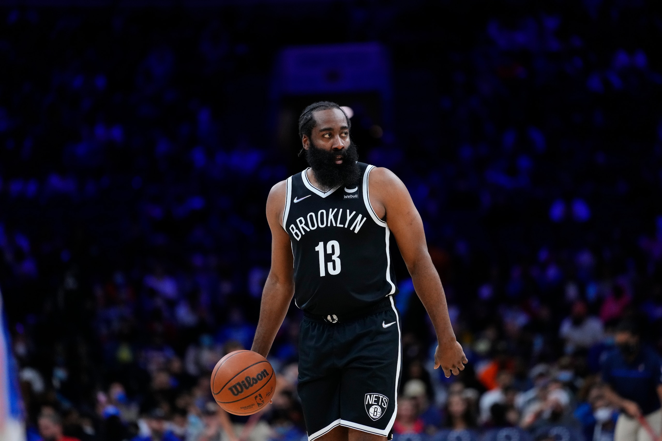Brooklyn Nets' James Harden plays during a preseason NBA basketball game, Monday, Oct. 11, 2021, in Philadelphia. (AP Photo/Matt Slocum)